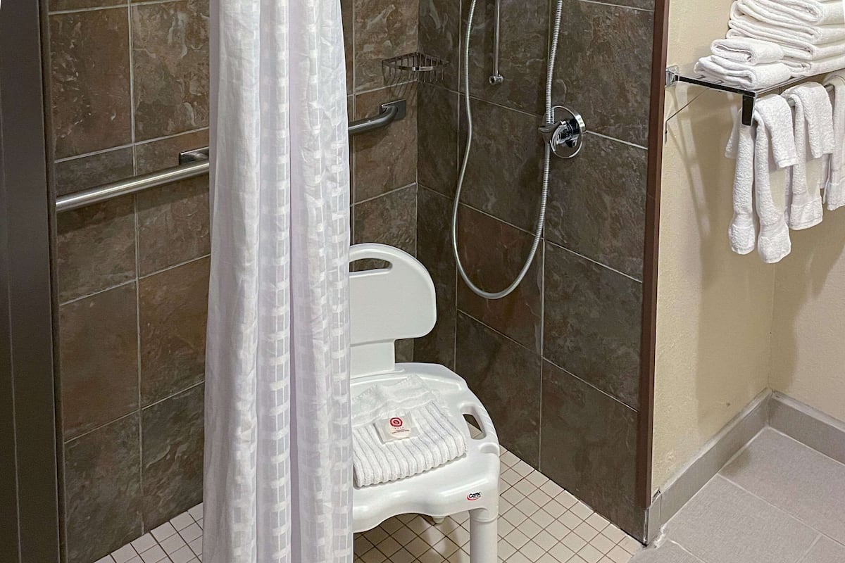 combined shower/bathtub, hair dryer, towels