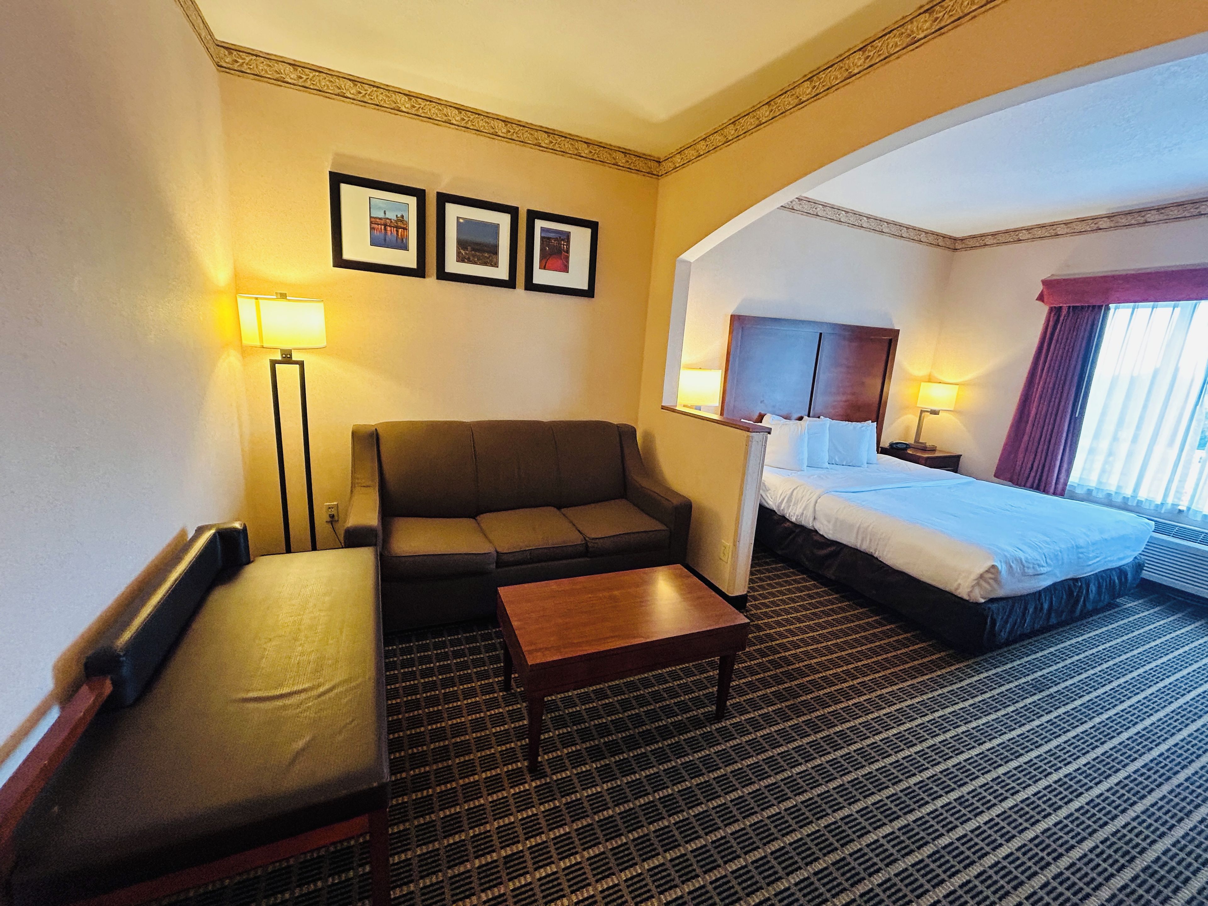 A hotel room with a sofa, a bed, a small table, and a carpeted floor.