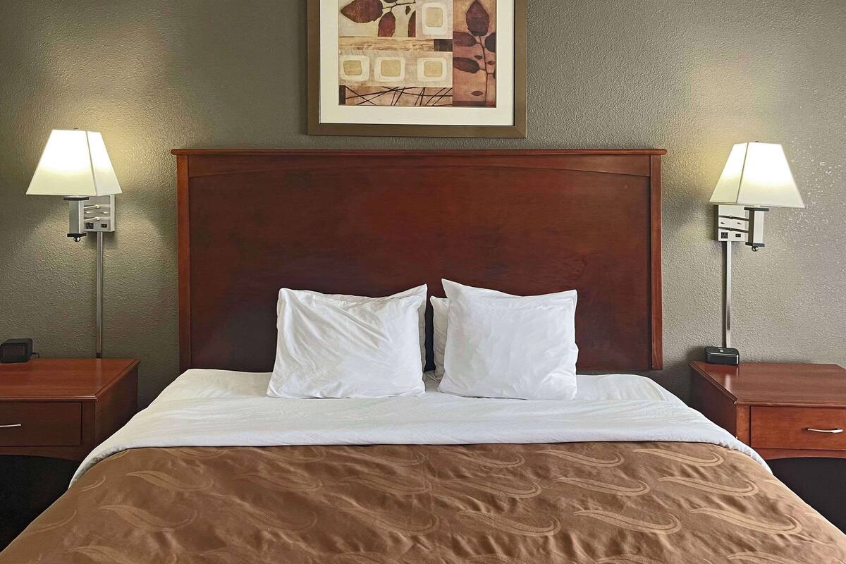A neatly made bed with a brown bedspread and two white pillows, flanked by two bedside tables with lamps, in a room with a textured wall and a framed artwork above the bed.