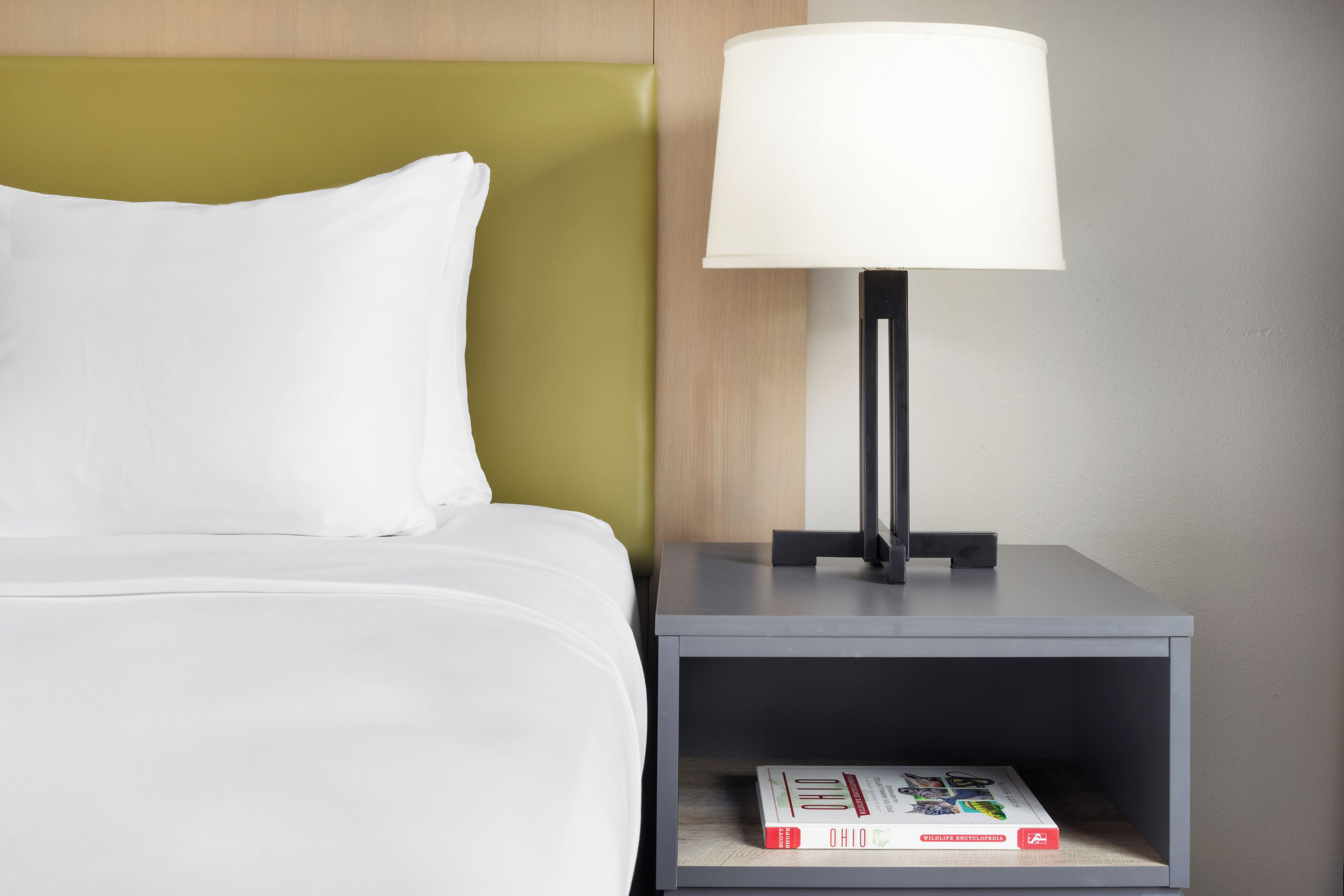 A neatly made bed with white linens, a grey nightstand with a lamp, and a book titled "Ohio" on the nightstand.