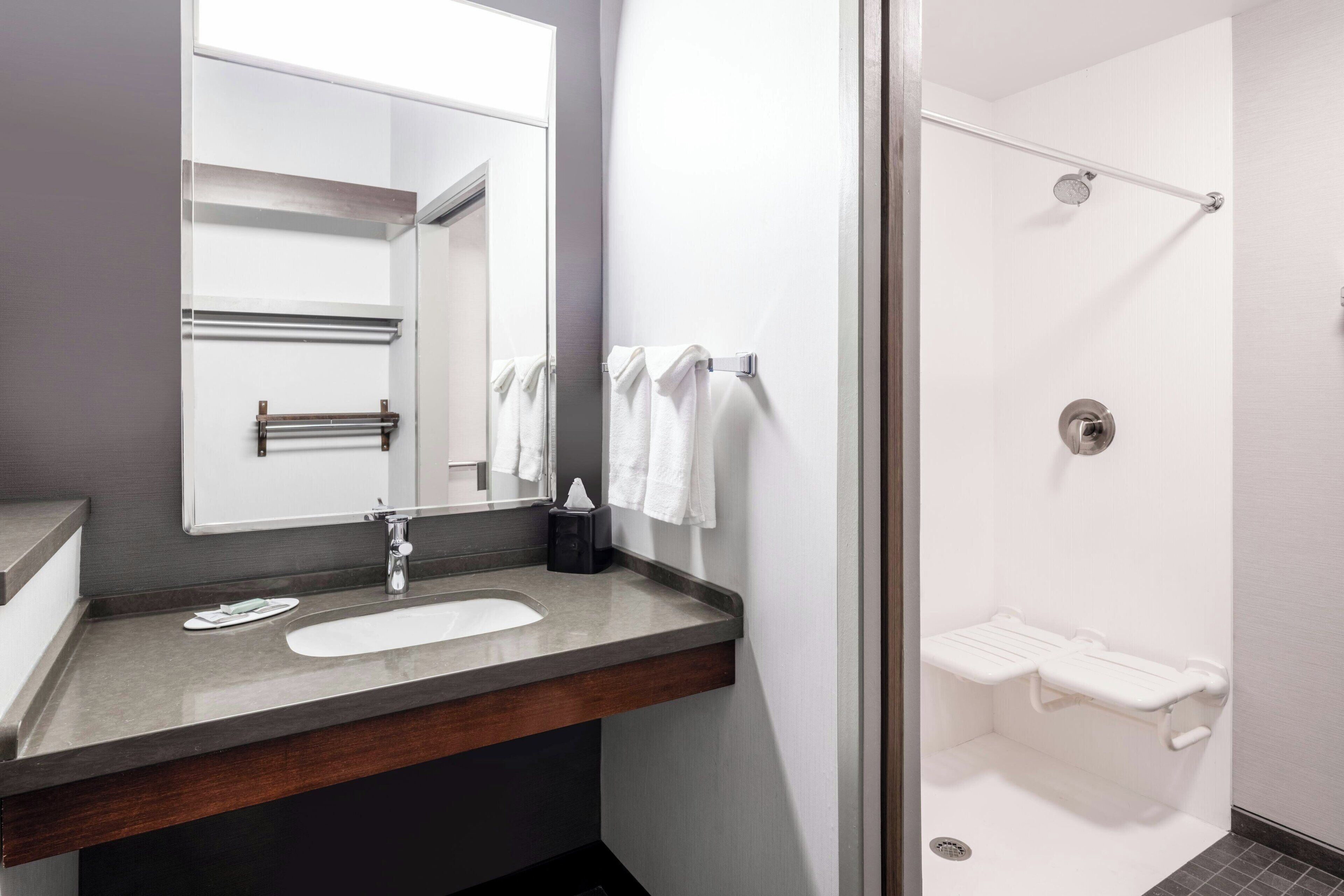 combined shower/bathtub, free toiletries, hair dryer, towels