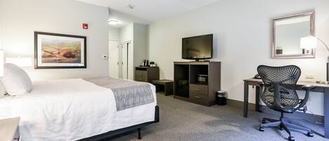 A hotel room with a bed, desk, chair, TV, and a framed picture on the wall.