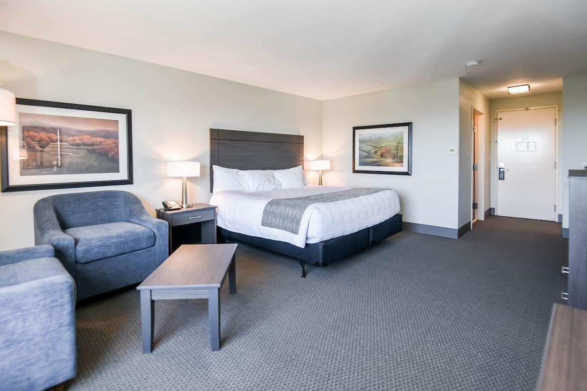 A hotel room with a bed, two armchairs, a small table, and two bedside lamps.