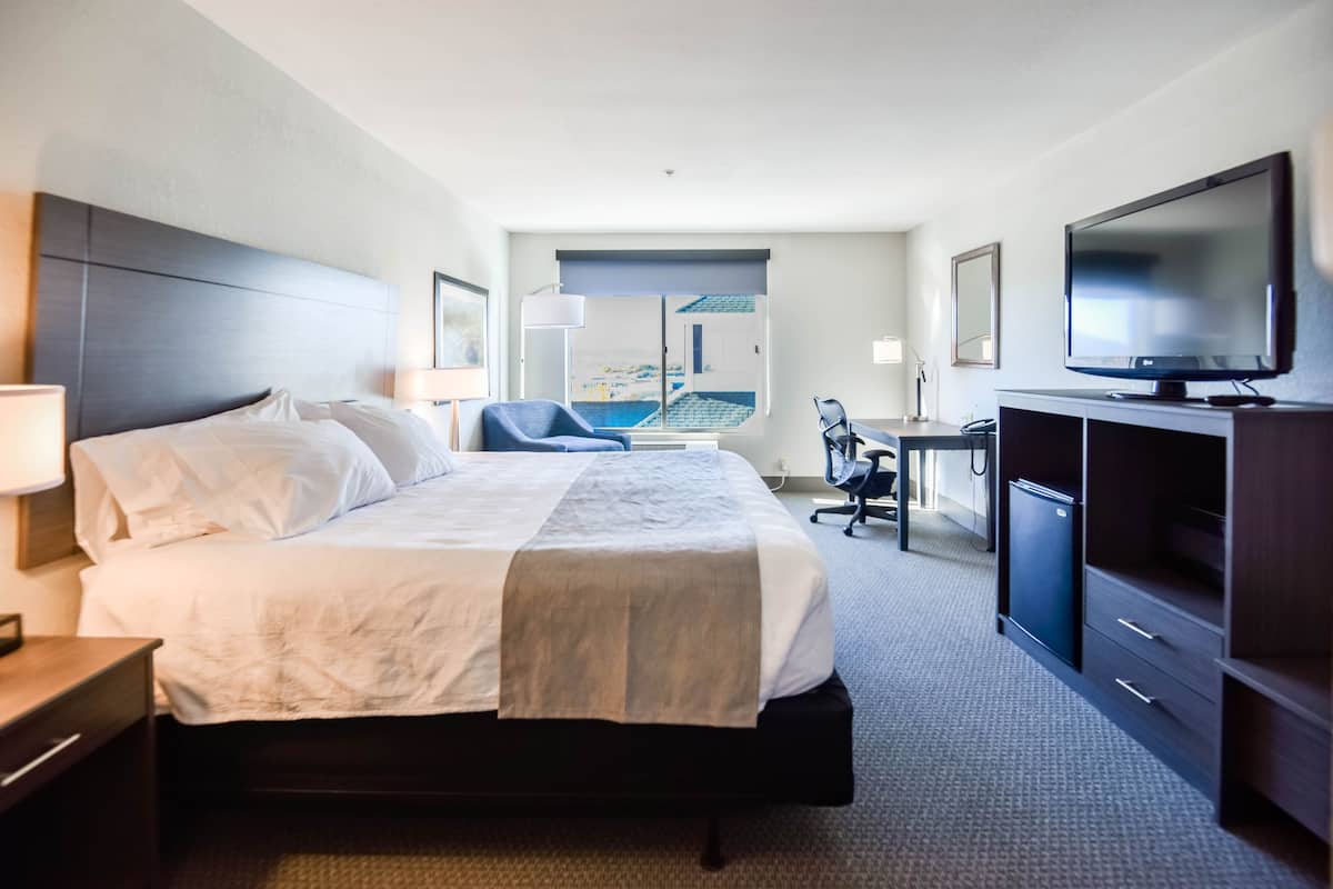 A hotel room with a large bed, a desk, a chair, a television, and a view of a pool.