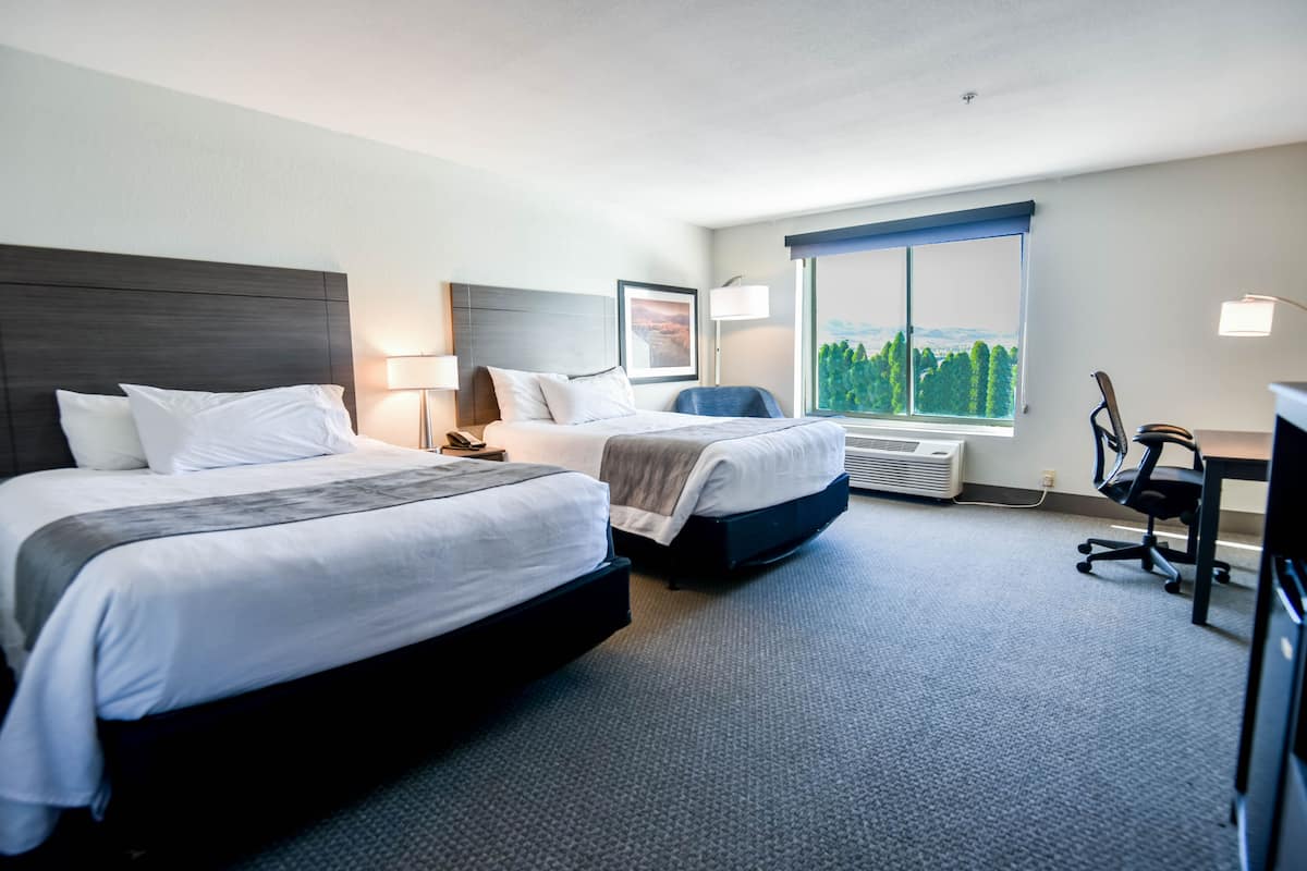 A hotel room with two beds, a desk, a chair, a window with a view, and an air conditioning unit.