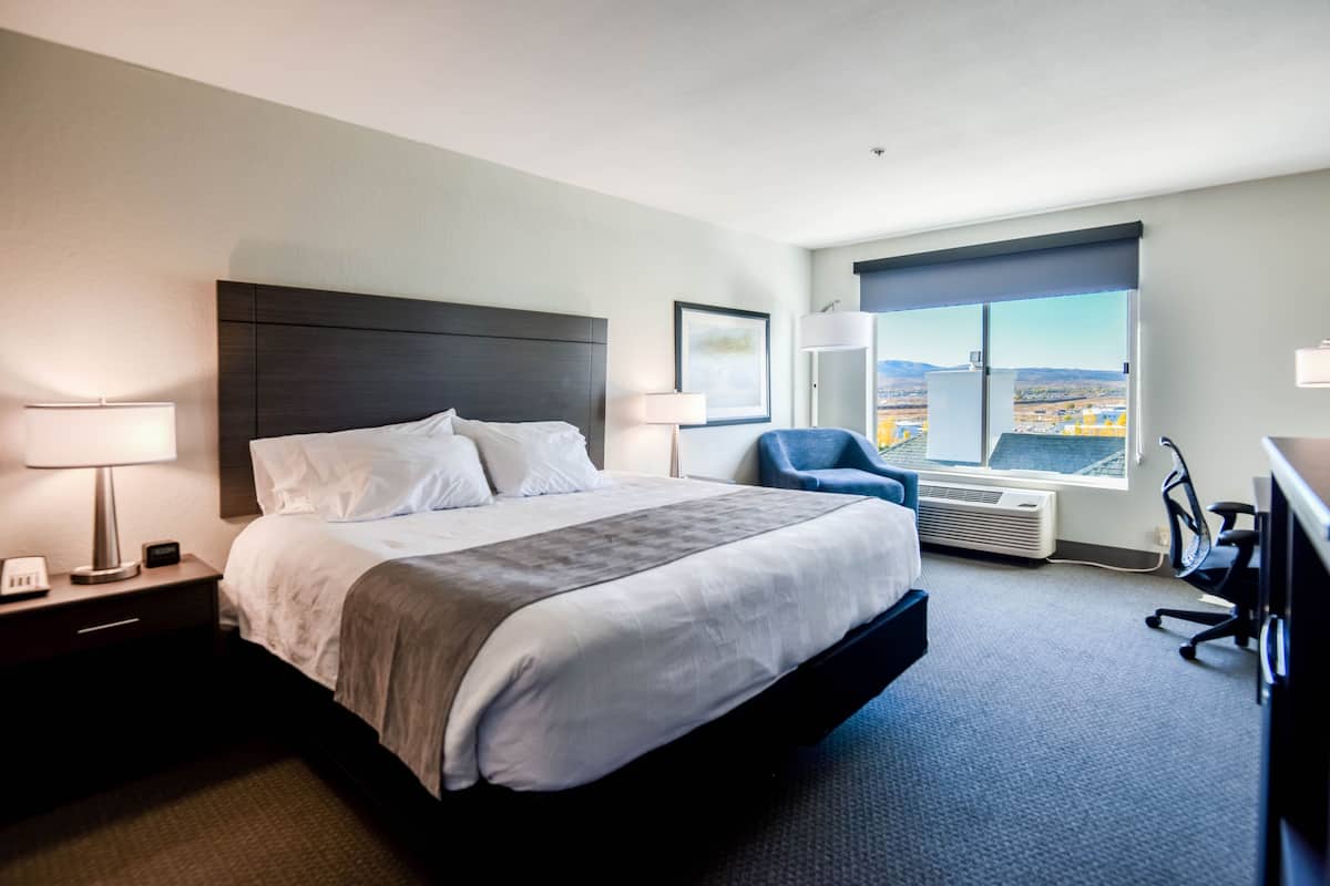 A hotel room with a large bed, a desk, a chair, and a view of the city through the window.