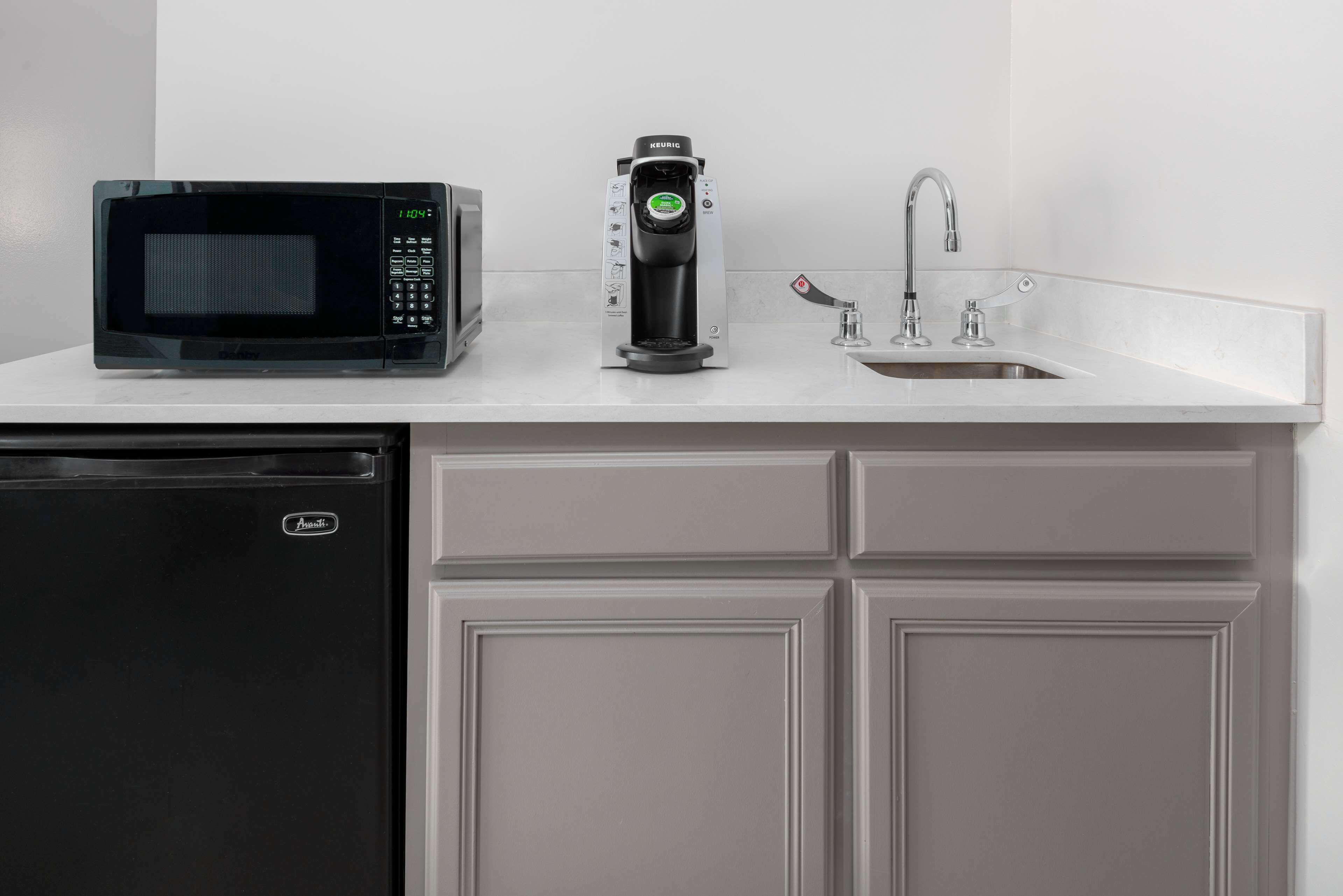 mini-fridge, microwave, coffee/tea maker