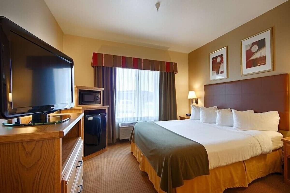 Habitación de hotel con cama, televisión, microondas, escritorio y ventana con cortinas.