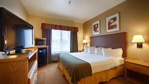 A hotel room with a bed, a television, a microwave, a mini-fridge, a desk, and a window with curtains.