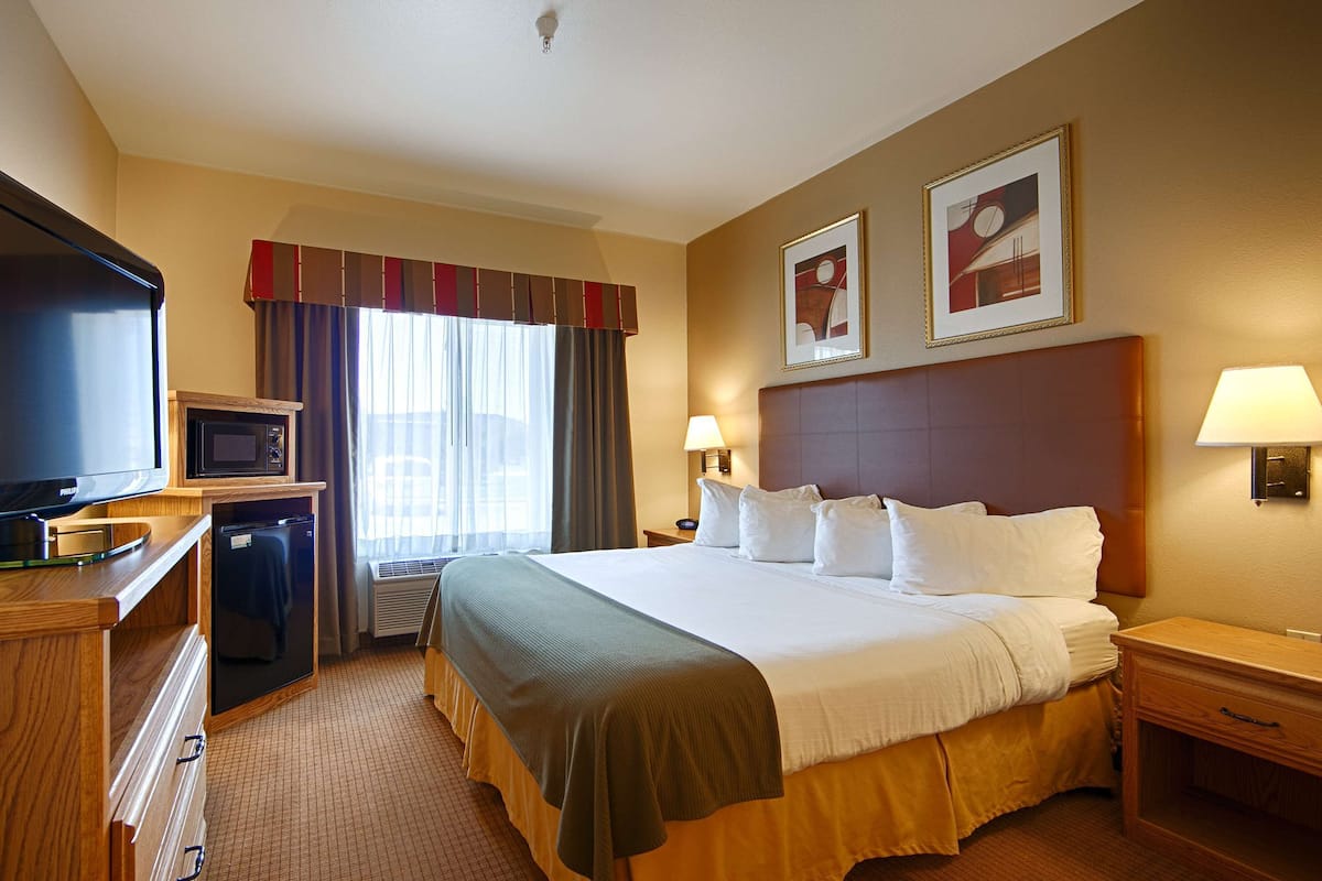 Habitación de hotel con cama, televisión, microondas, refrigerador pequeño, escritorio y ventana con cortinas.