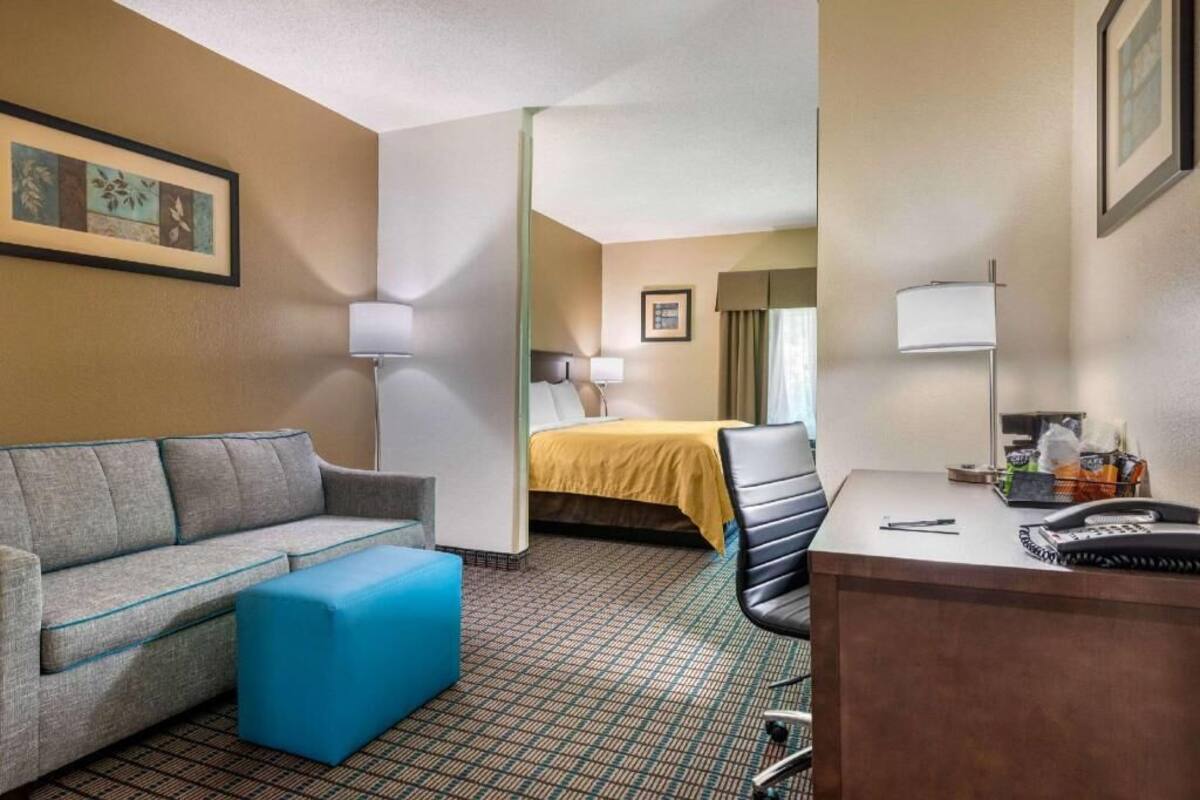 A hotel room with a sofa, a bed, a desk with a phone, and a lamp.