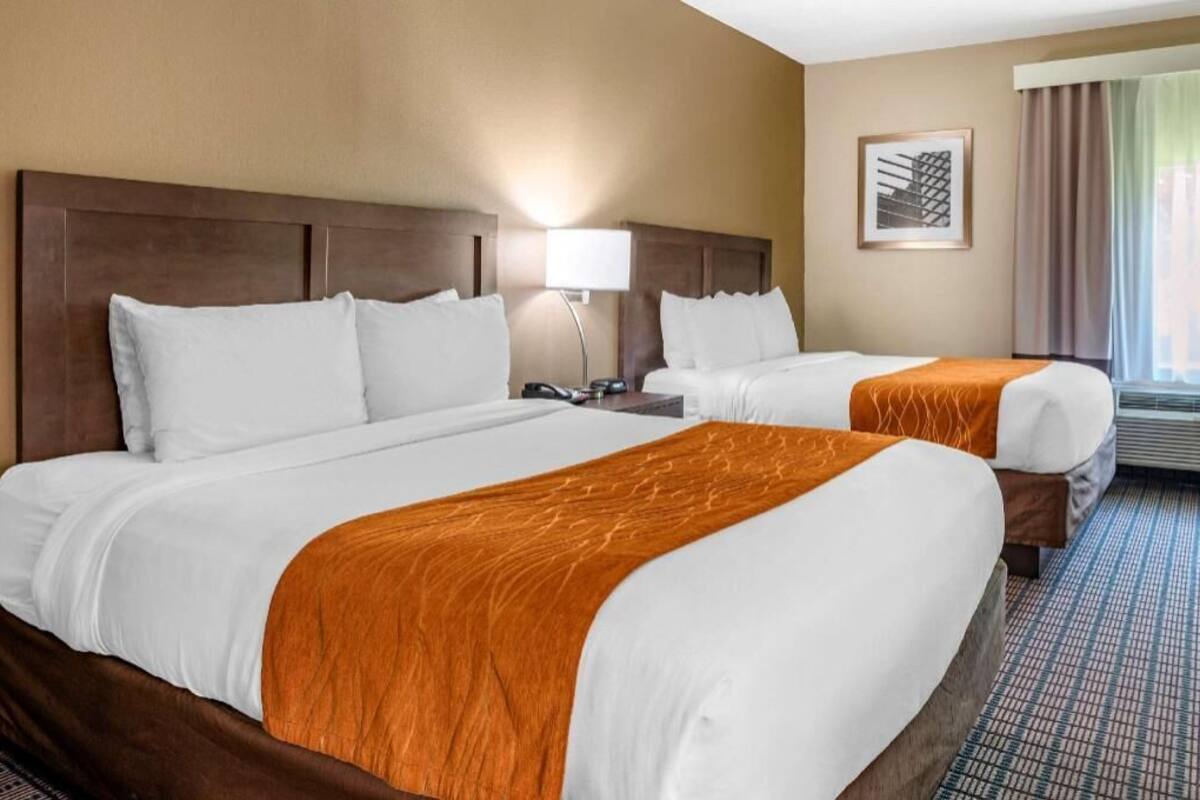 A hotel room with two beds, a nightstand with a lamp, a framed picture on the wall, and a window with curtains.
