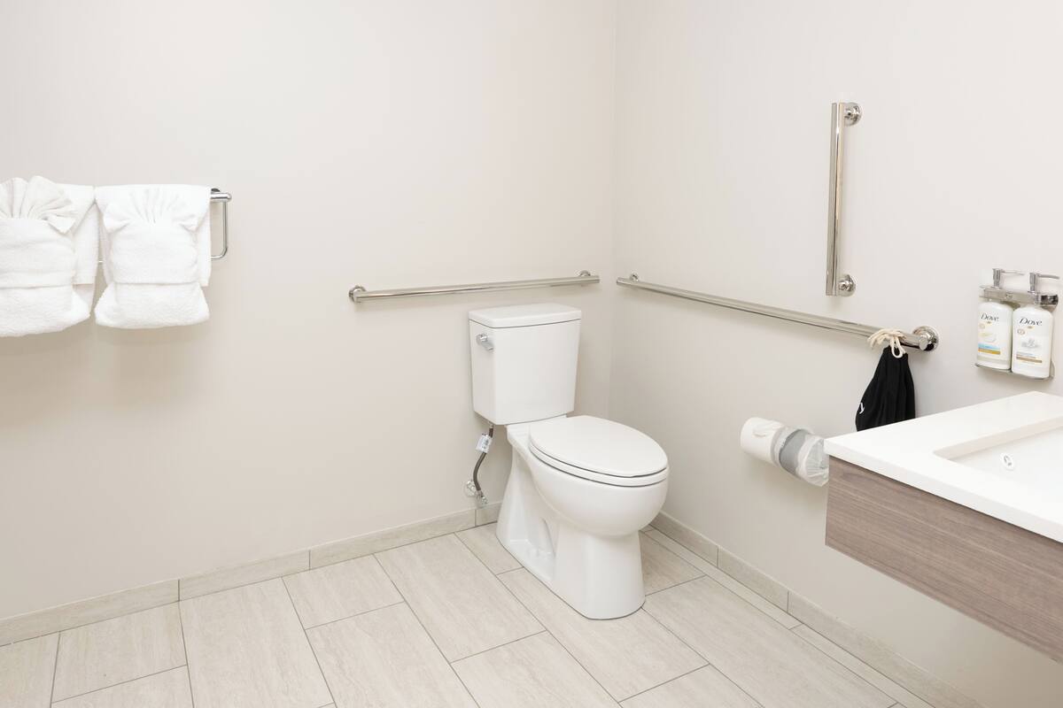 A modern bathroom with a toilet, handrails, a towel rack, and a sink.