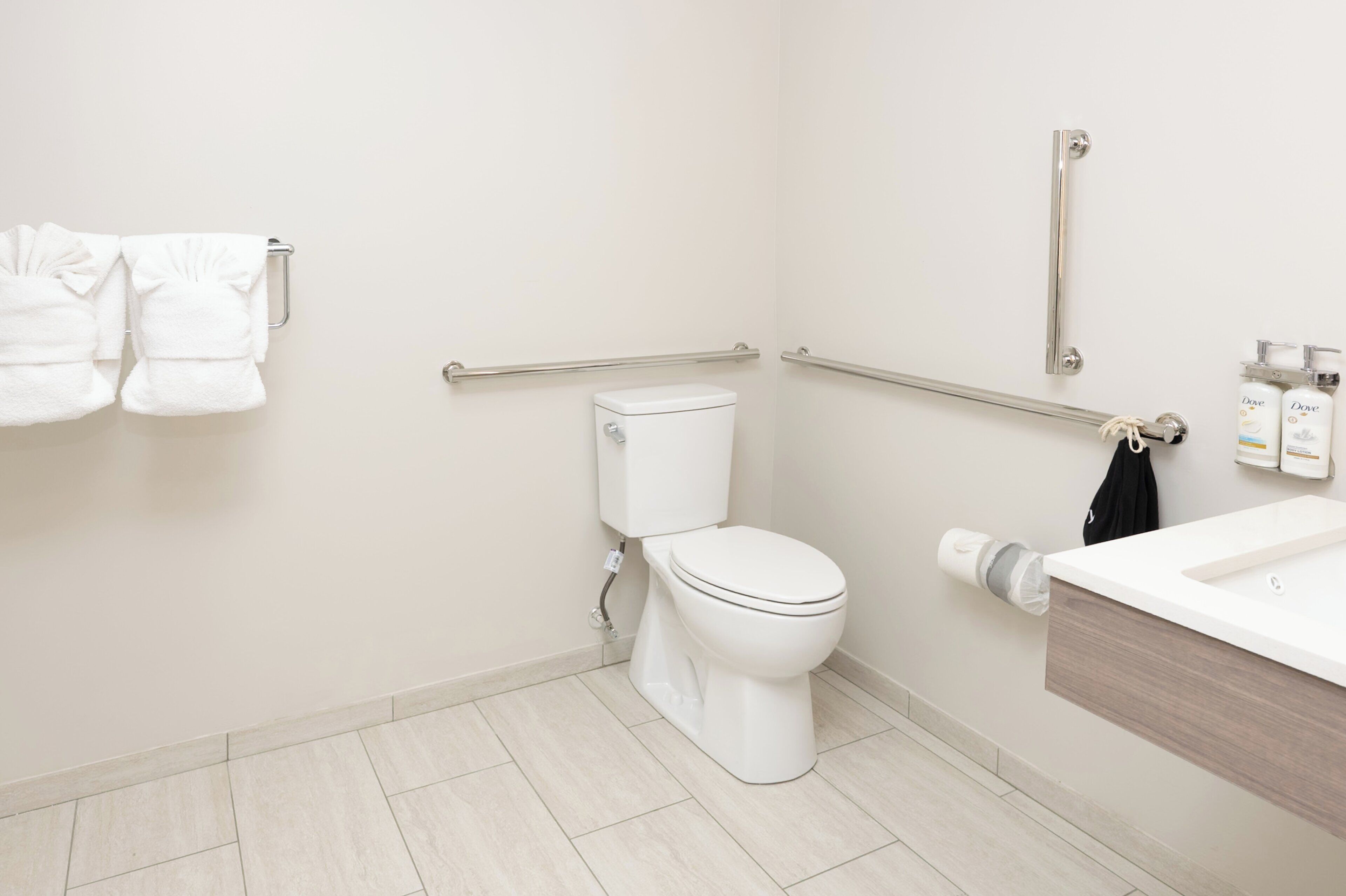 A modern bathroom with a toilet, handrails, a sink, and a towel rack.