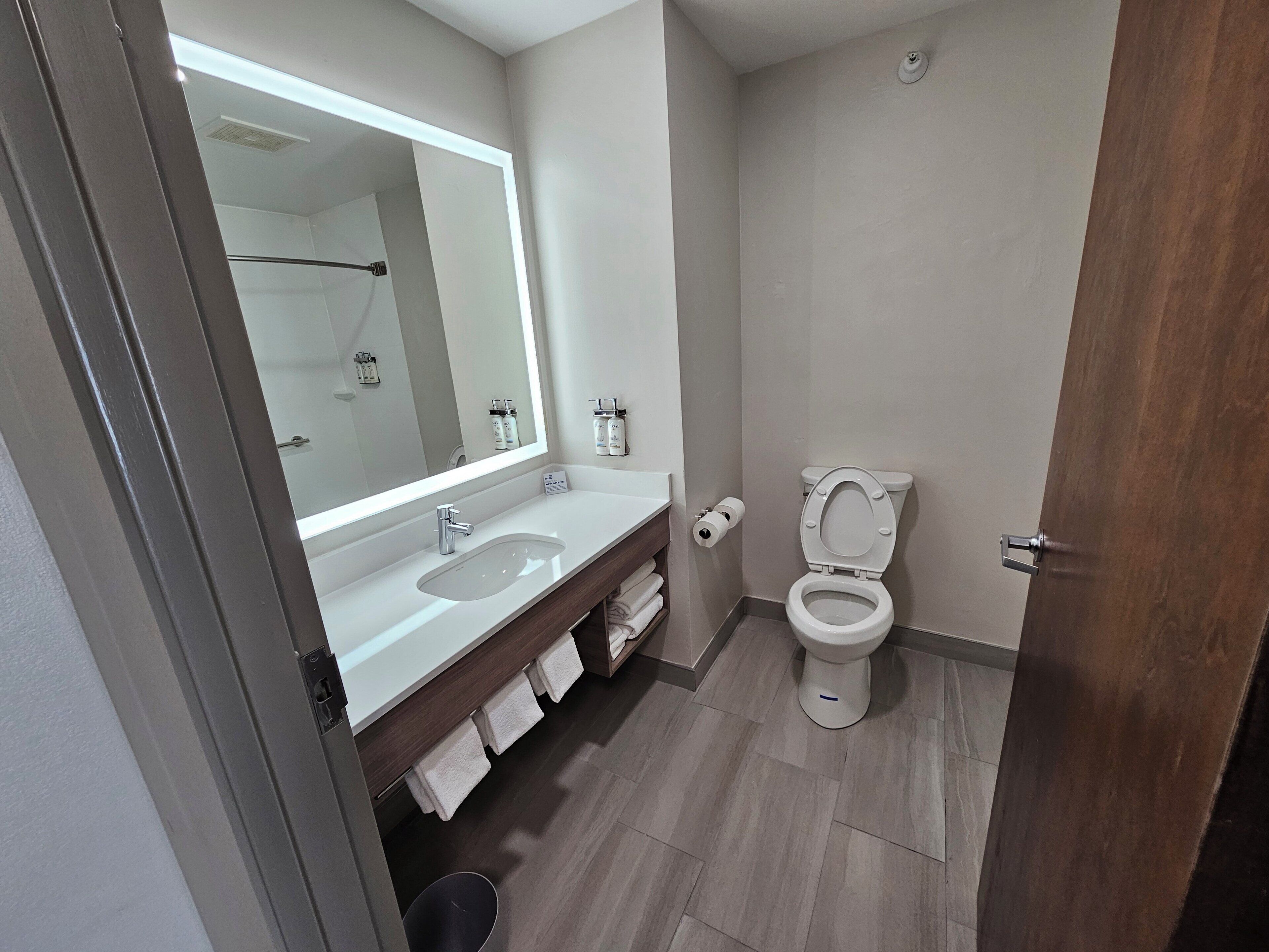 A modern bathroom with a large mirror, a sink, a toilet, and a wooden door.