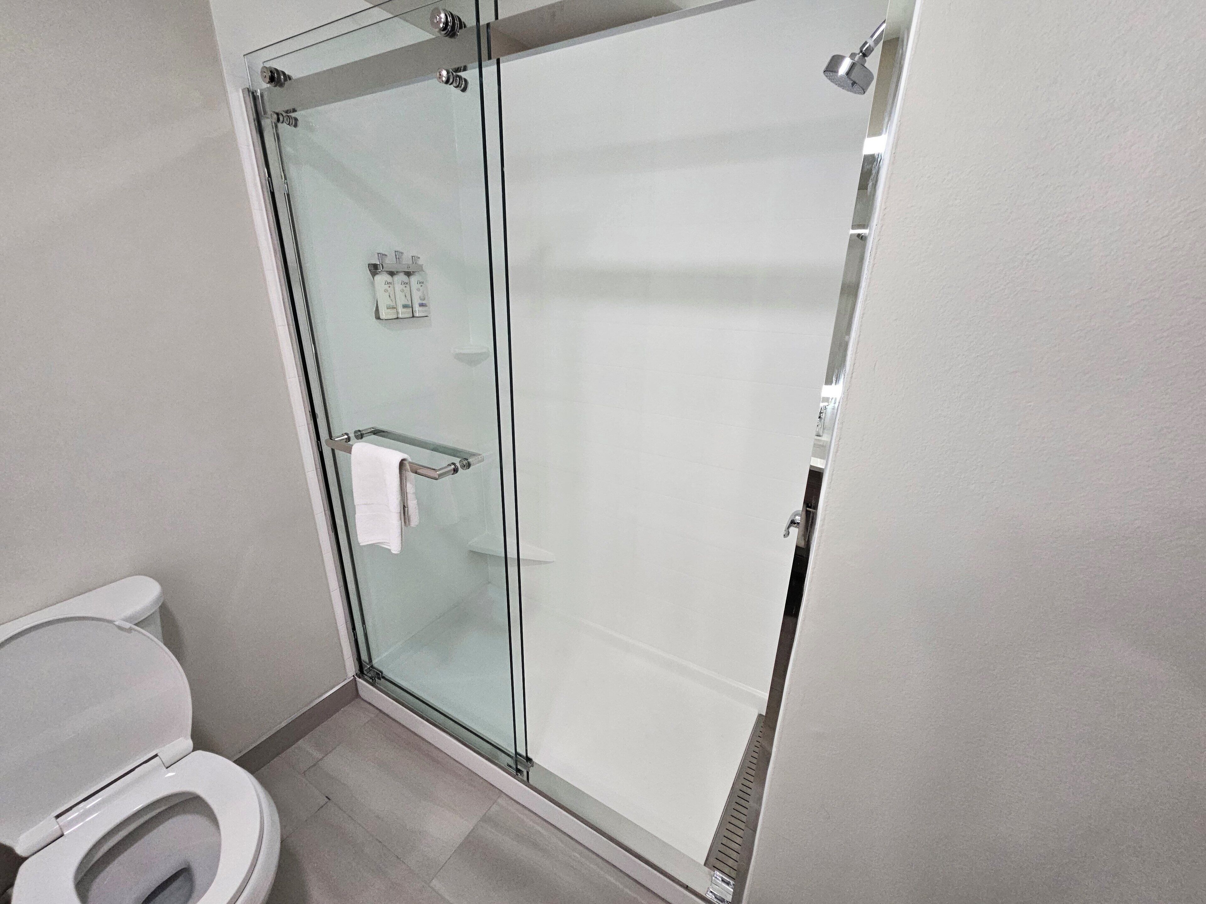 A modern bathroom with a glass shower enclosure, a toilet, and a glass door.