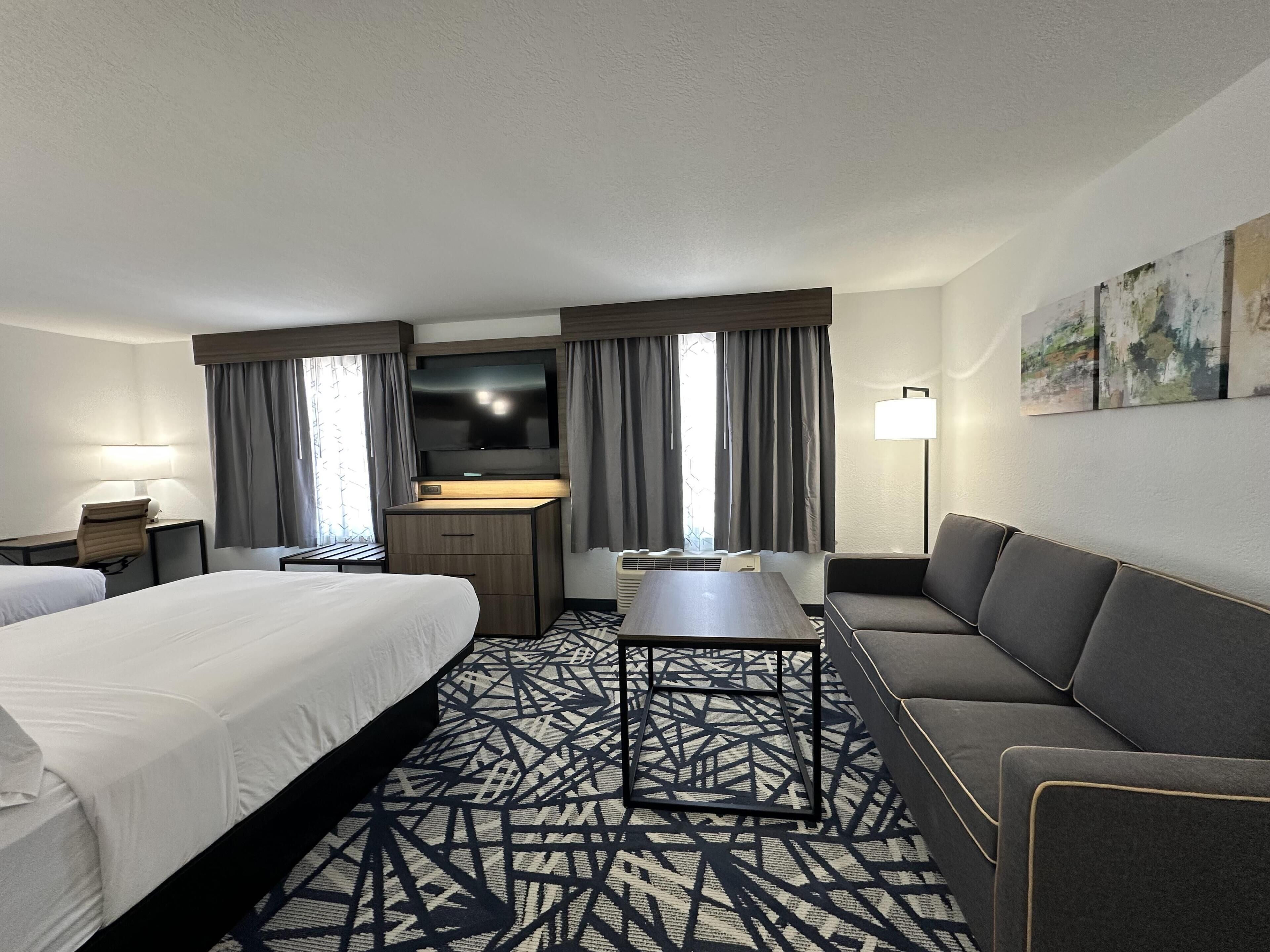Una habitación de hotel con cama, escritorio, televisor, sofá y alfombra estampada.