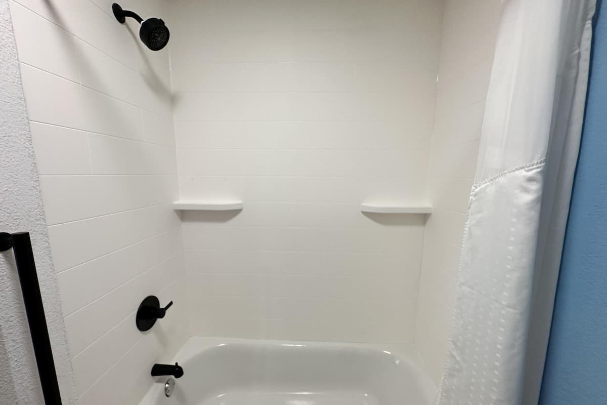 Combined shower/tub, free toiletries, hair dryer, towels