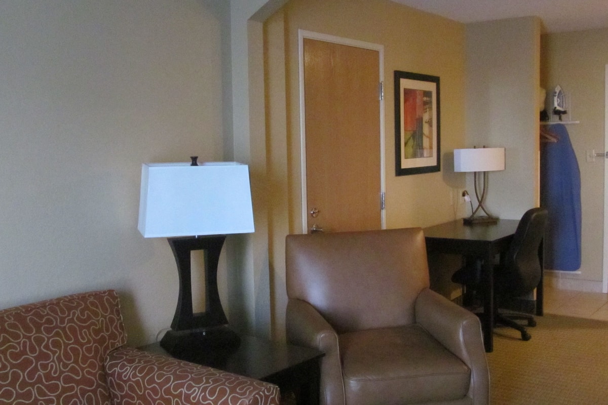 1 bedroom, desk, blackout curtains, iron/ironing board