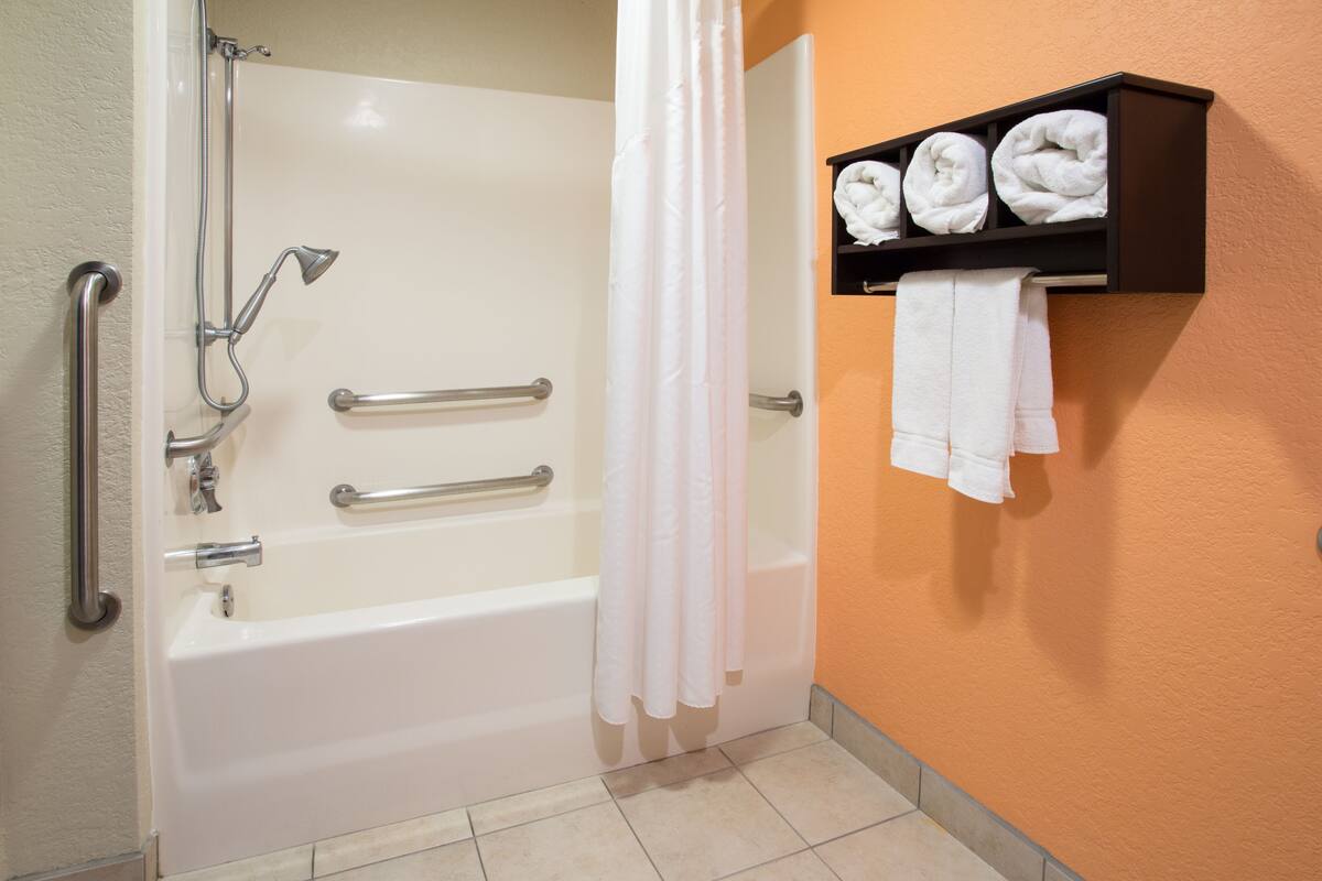 combined shower/bathtub, free toiletries, hair dryer, towels