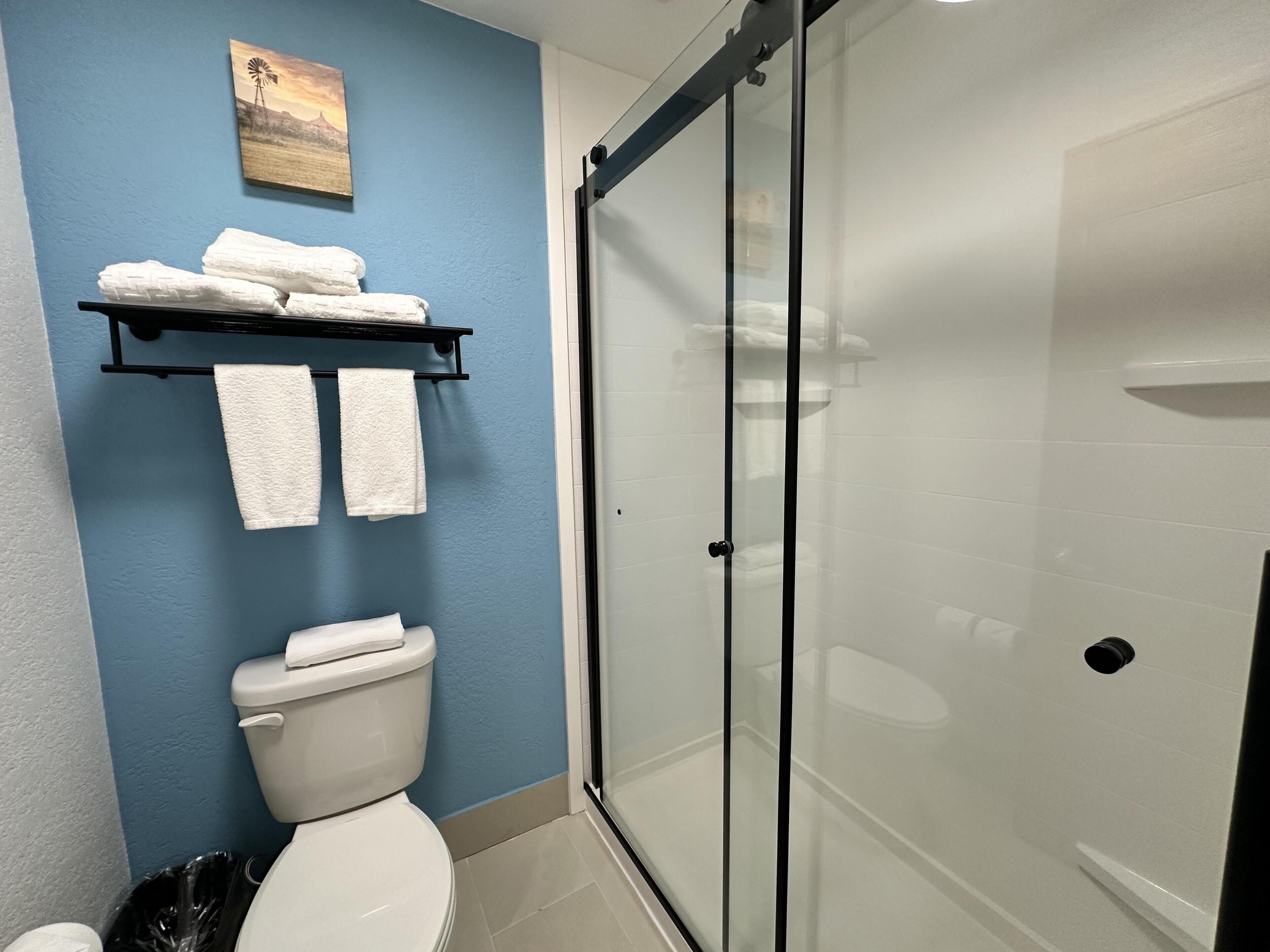 A bathroom with a toilet, a glass shower enclosure, and a towel rack with towels.