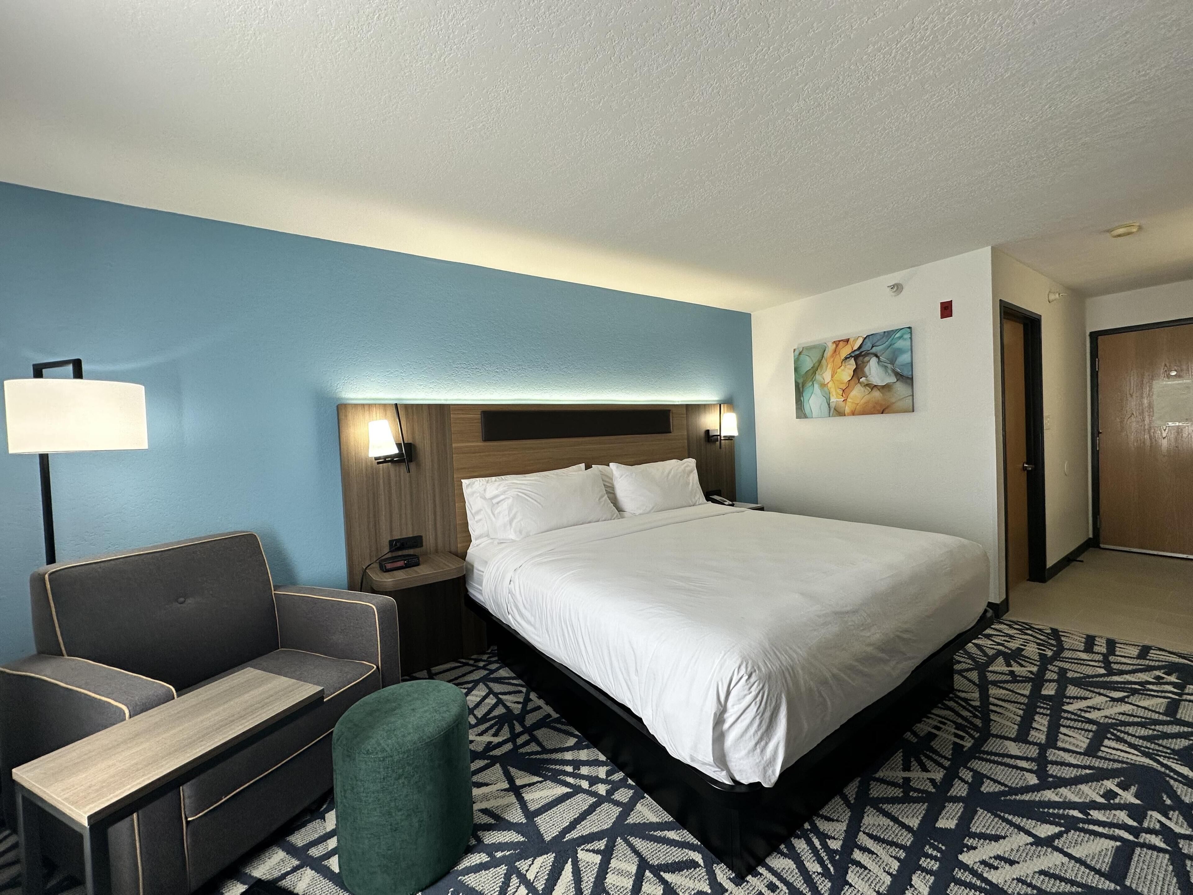 Una habitación de hotel con cama, escritorio, silla, lámpara, cuadro y puerta.