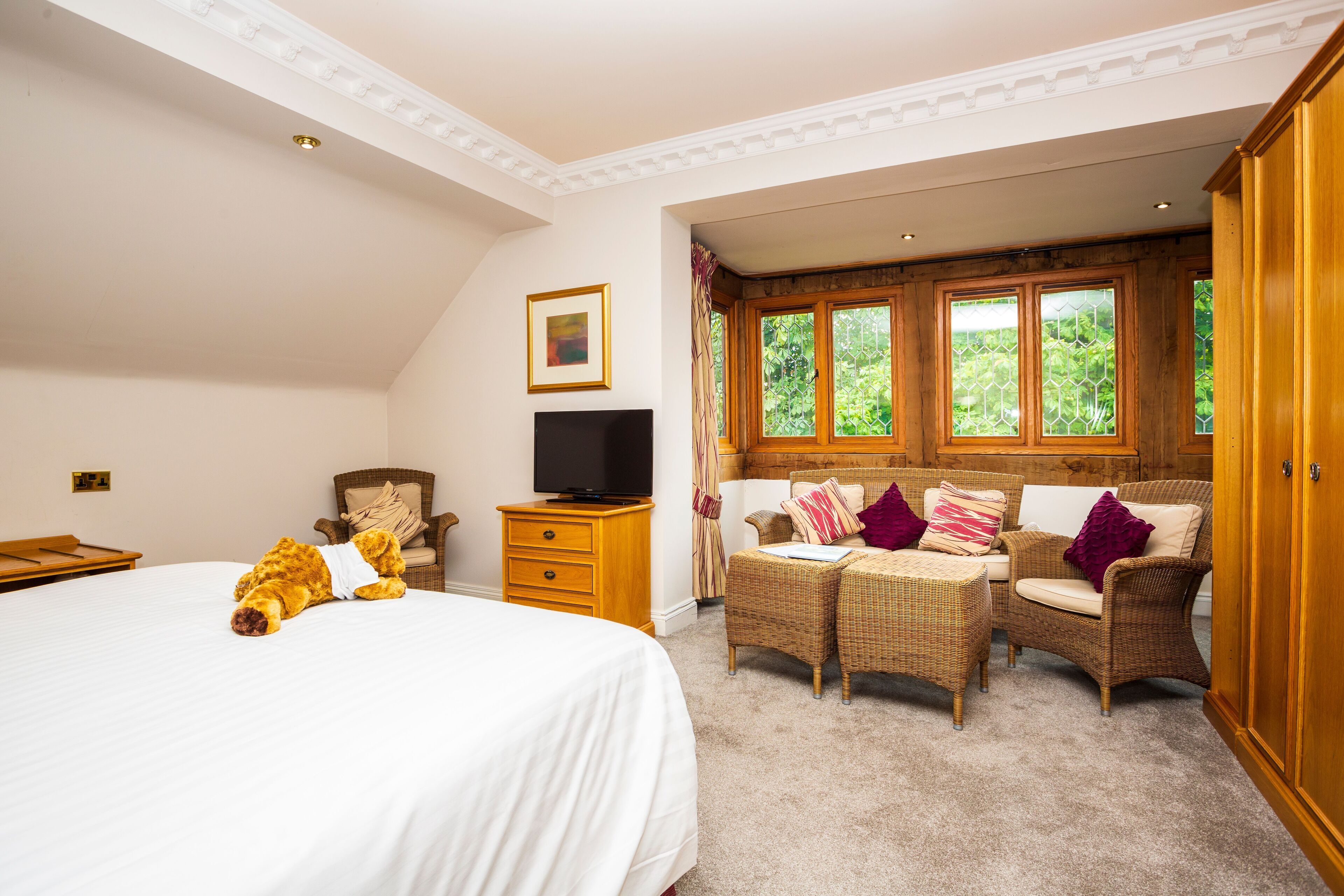 A bedroom with a large bed, a television, wicker furniture, and a view of greenery through the windows.