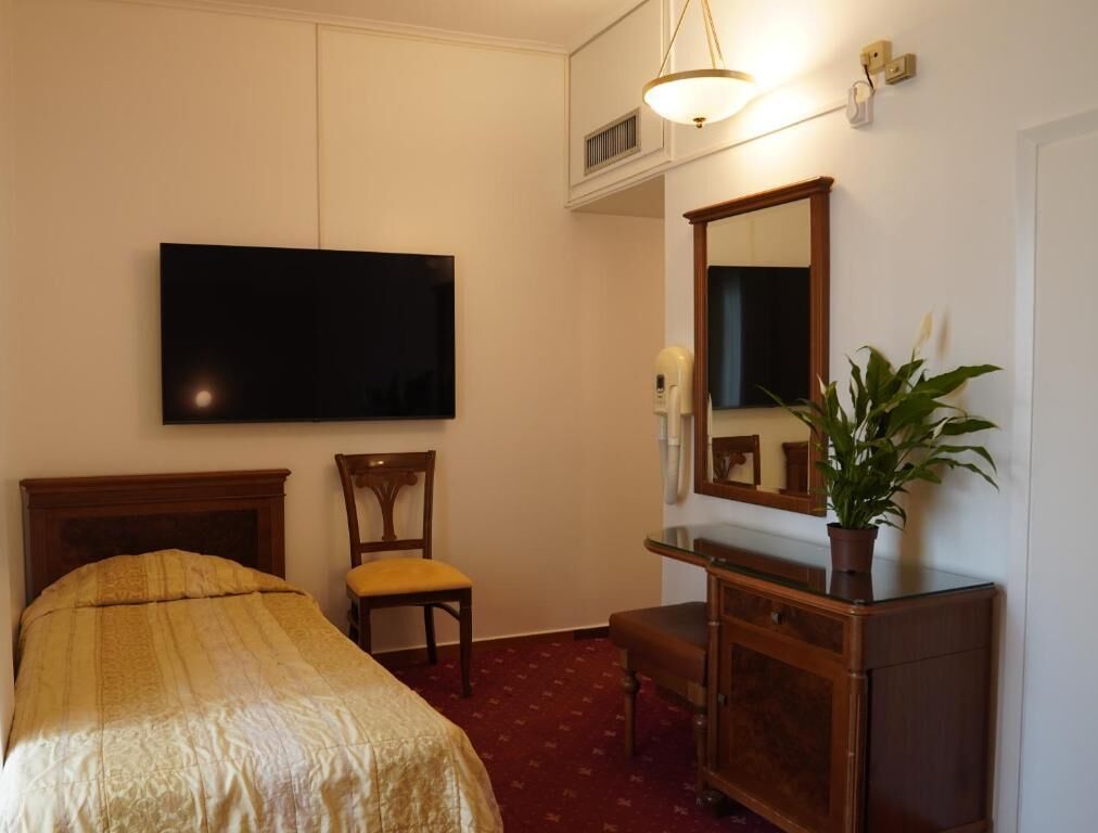 A hotel room with a bed, a chair, a dresser, a mirror, a television, and a potted plant.