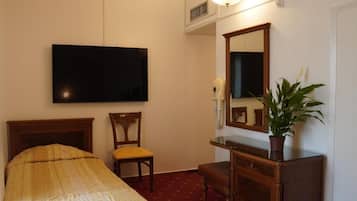 A hotel room with a bed, a chair, a dresser, a mirror, a television, and a potted plant.