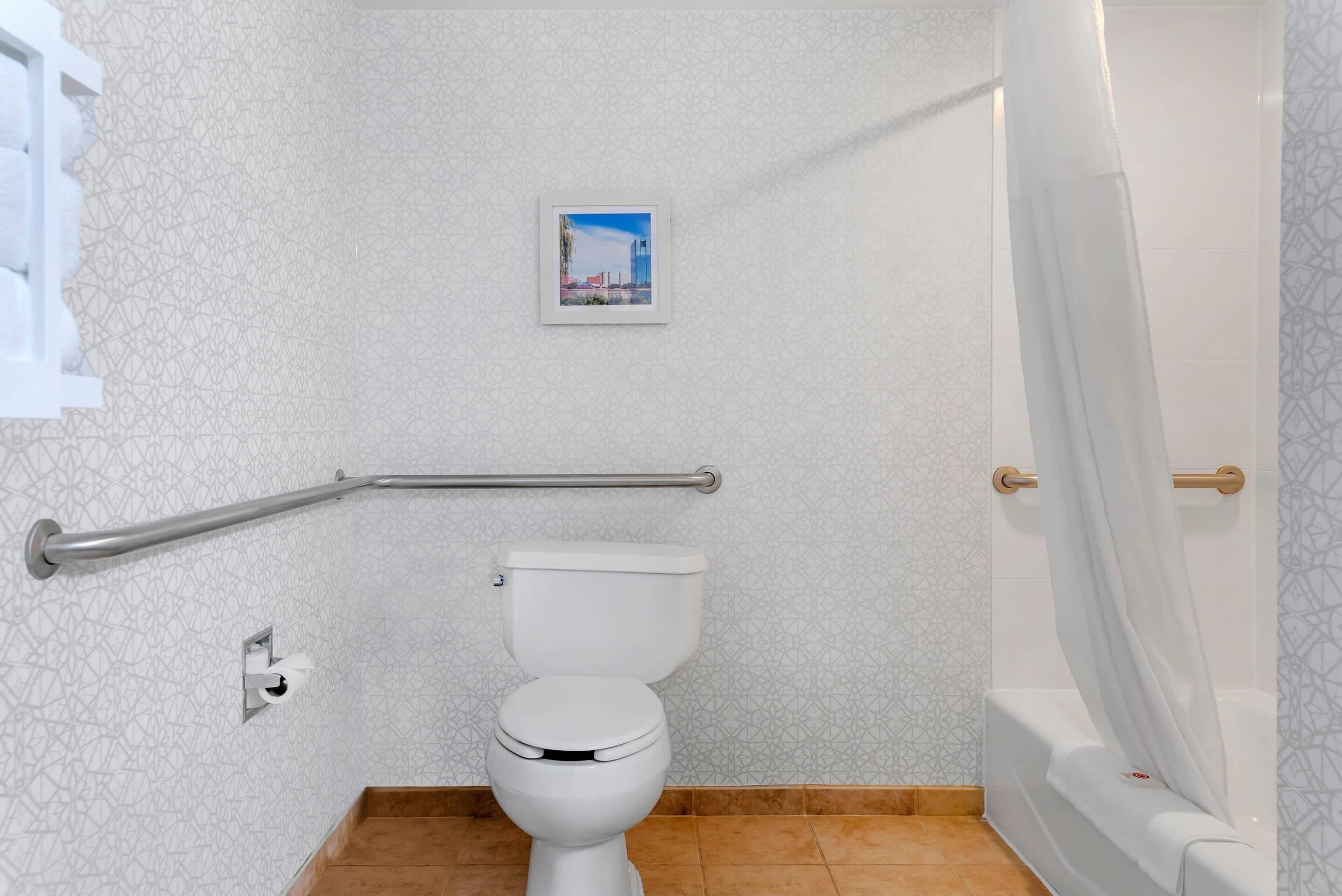 A bathroom with a white toilet, a handrail, a picture on the wall, and a shower curtain.