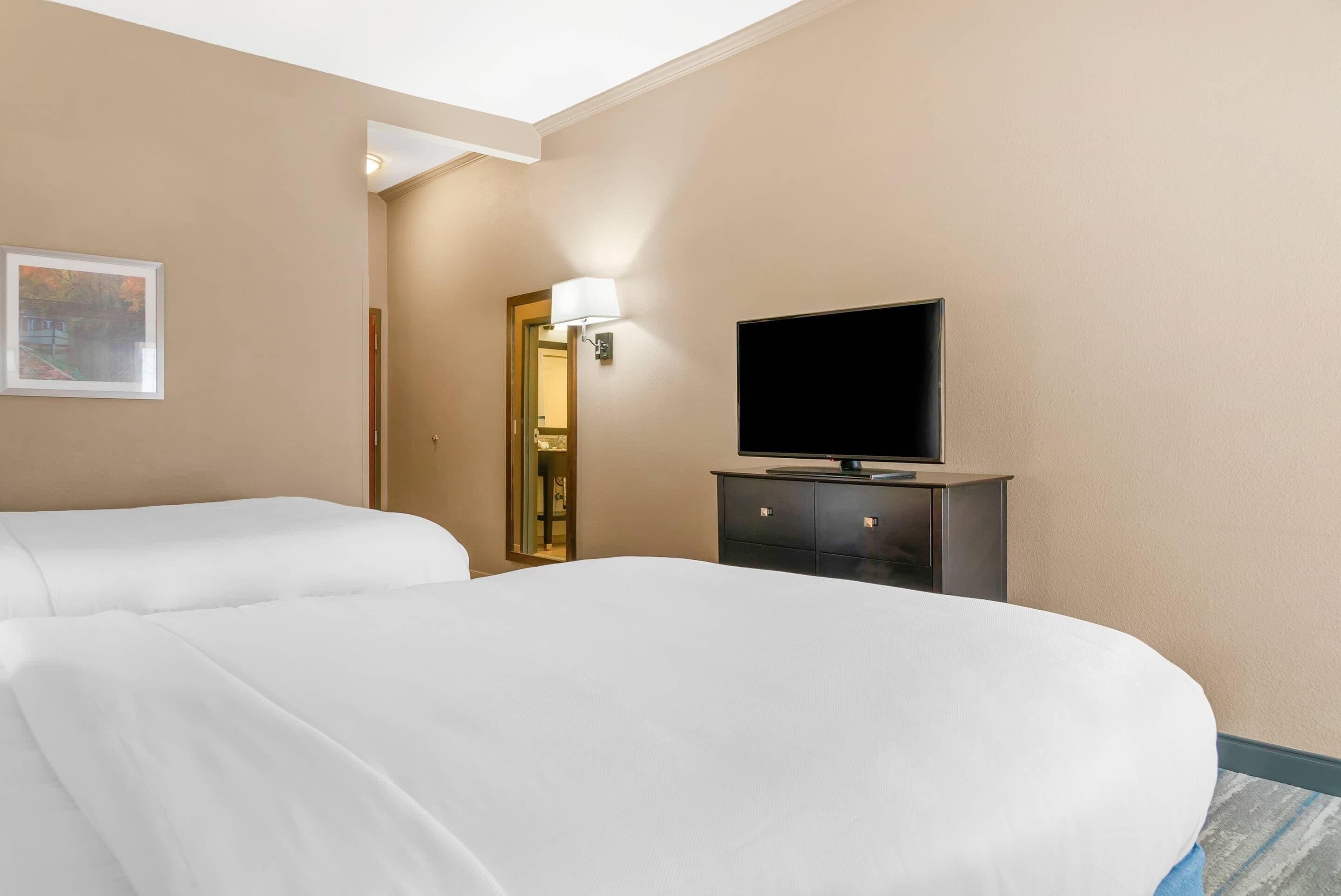 A hotel room with two beds, a flat-screen TV on a dresser, and a framed picture on the wall.