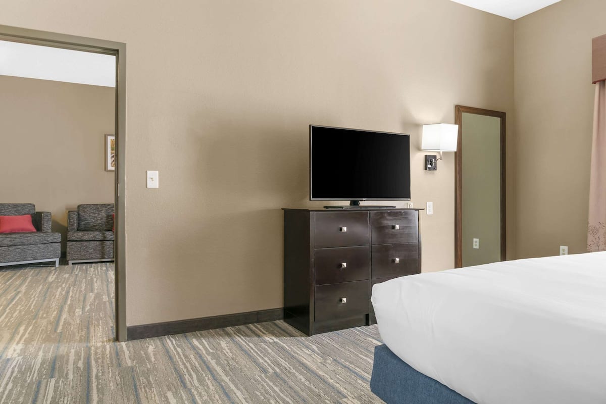 Una habitación de hotel con una cama, un televisor en una cómoda, un sofá con un cojín rojo y una puerta con un espejo.