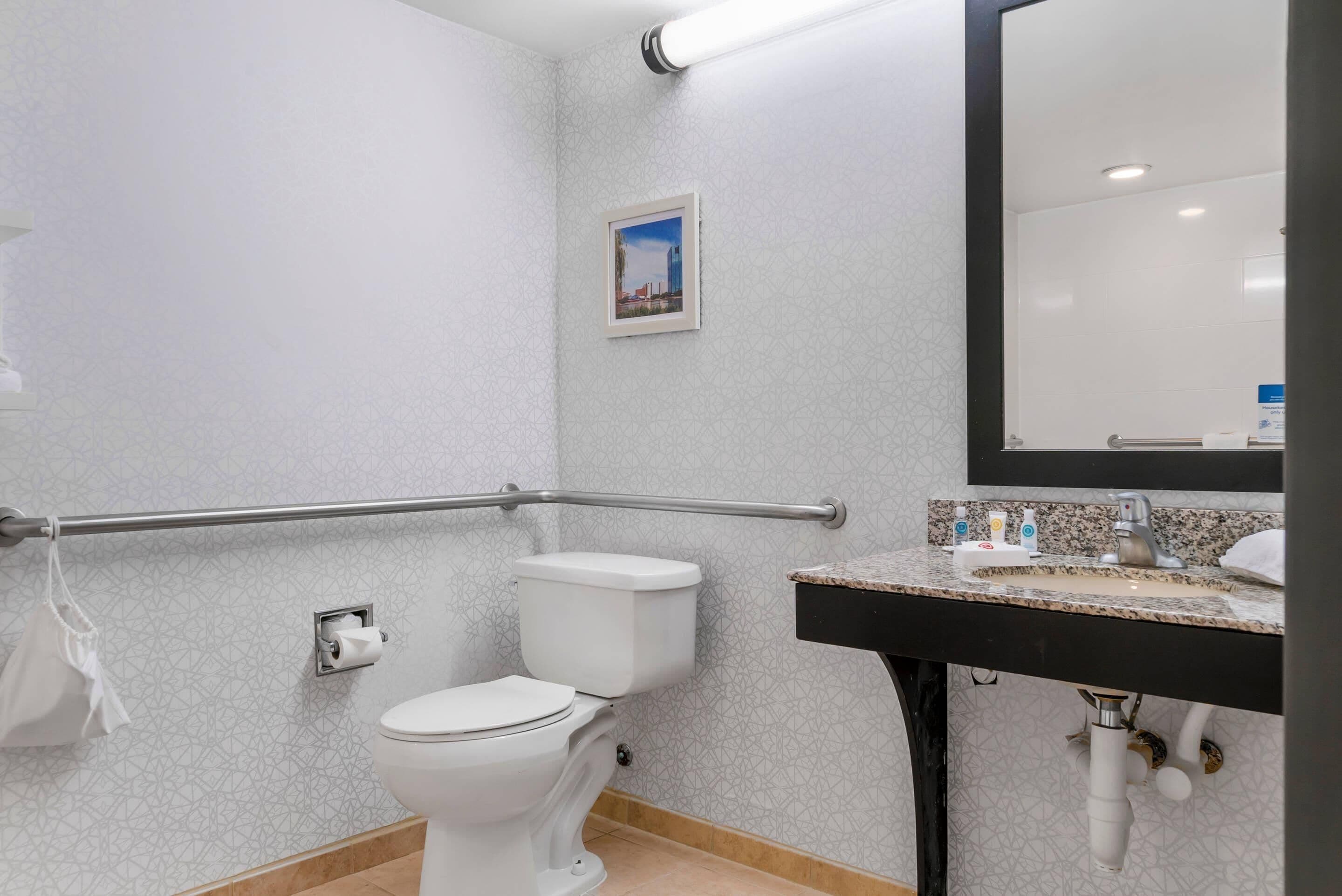 A bathroom with a toilet, a handrail, a sink with a mirror, and a towel rack.