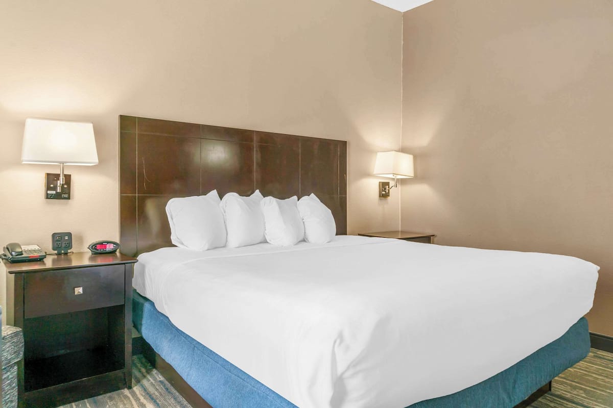 Habitación de hotel con una cama grande, dos mesitas de noche, una lámpara y un teléfono.