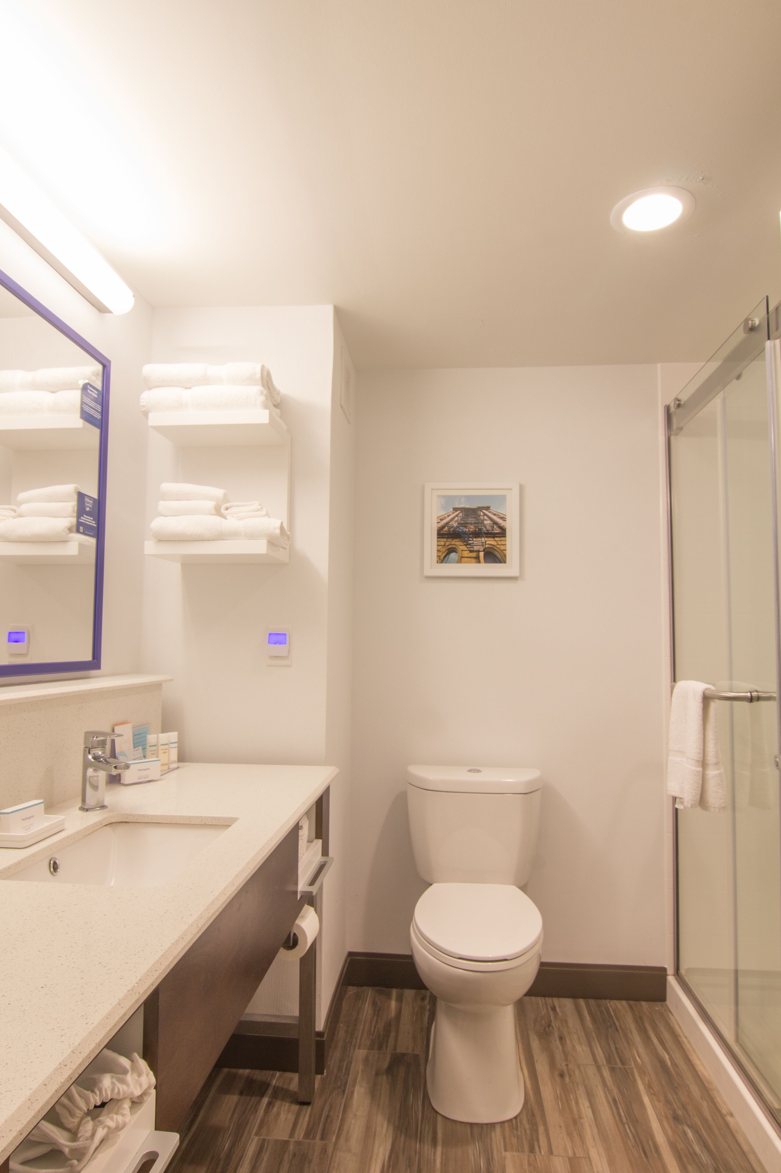 A modern bathroom with a white sink, a toilet, and a glass shower enclosure.