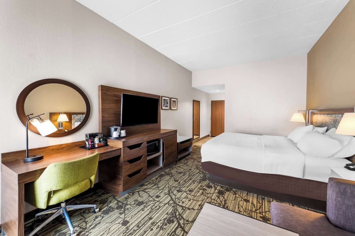 A hotel room with a bed, a desk with a TV, a chair, and a sofa.