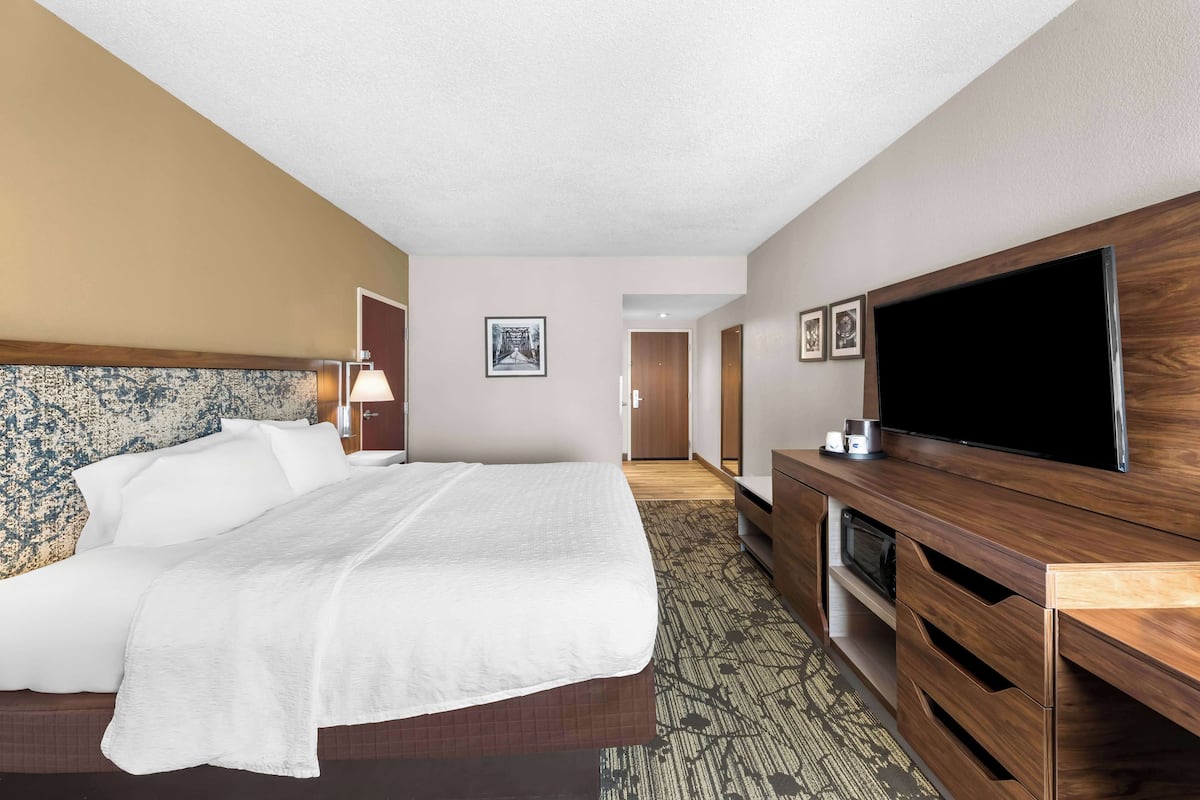 A hotel room with a large bed, a flat-screen TV, a wooden dresser, and a carpeted floor.