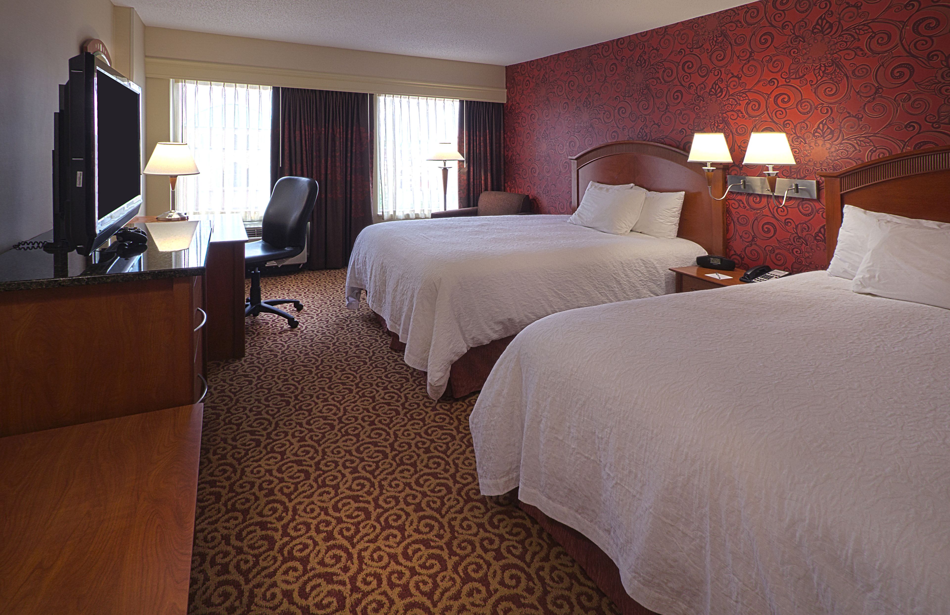 A hotel room with two beds, a desk with a TV, a chair, and a carpeted floor.