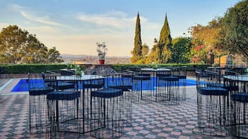 Outdoor pool, pool umbrellas, pool loungers