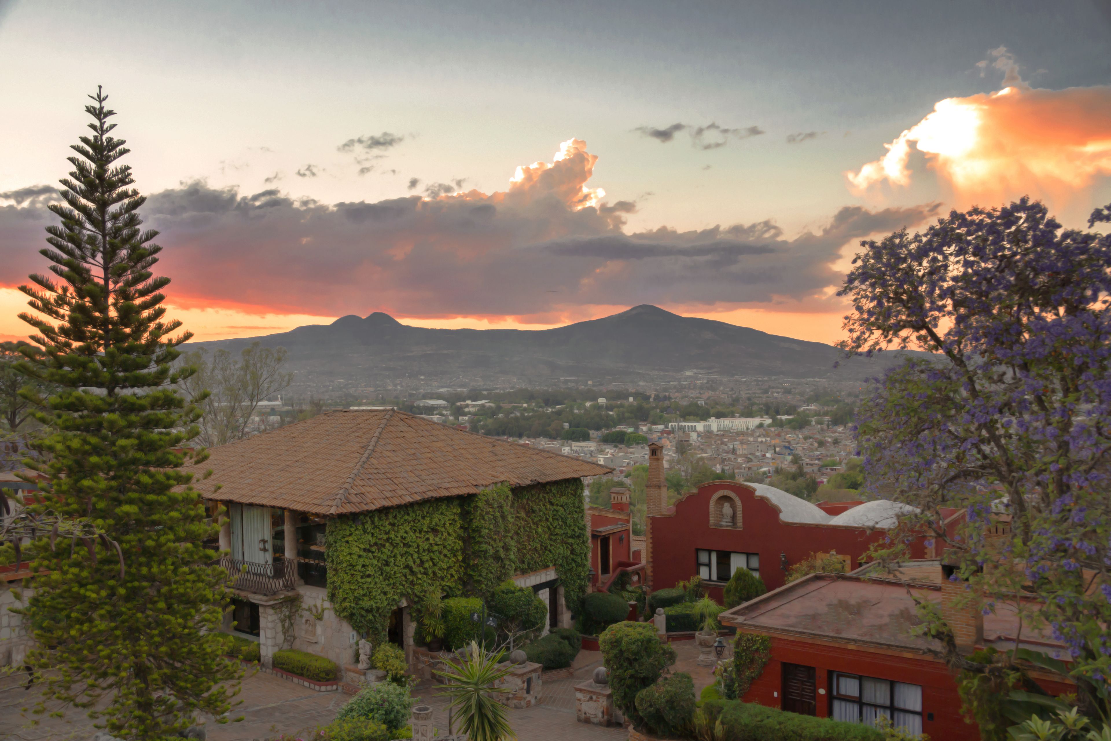 A traditional building with a tiled roof, surrounded by lush greenery and a mountain in the background.