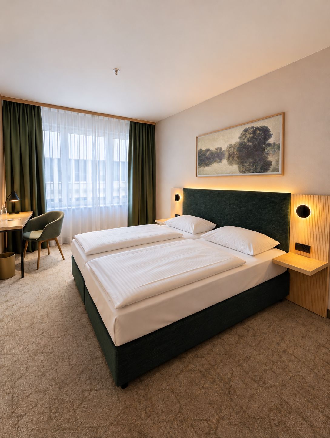 A hotel room with two beds, a desk, a chair, a painting on the wall, and a window with curtains.