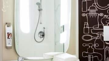 Shower, rainfall showerhead, eco-friendly toiletries, hair dryer