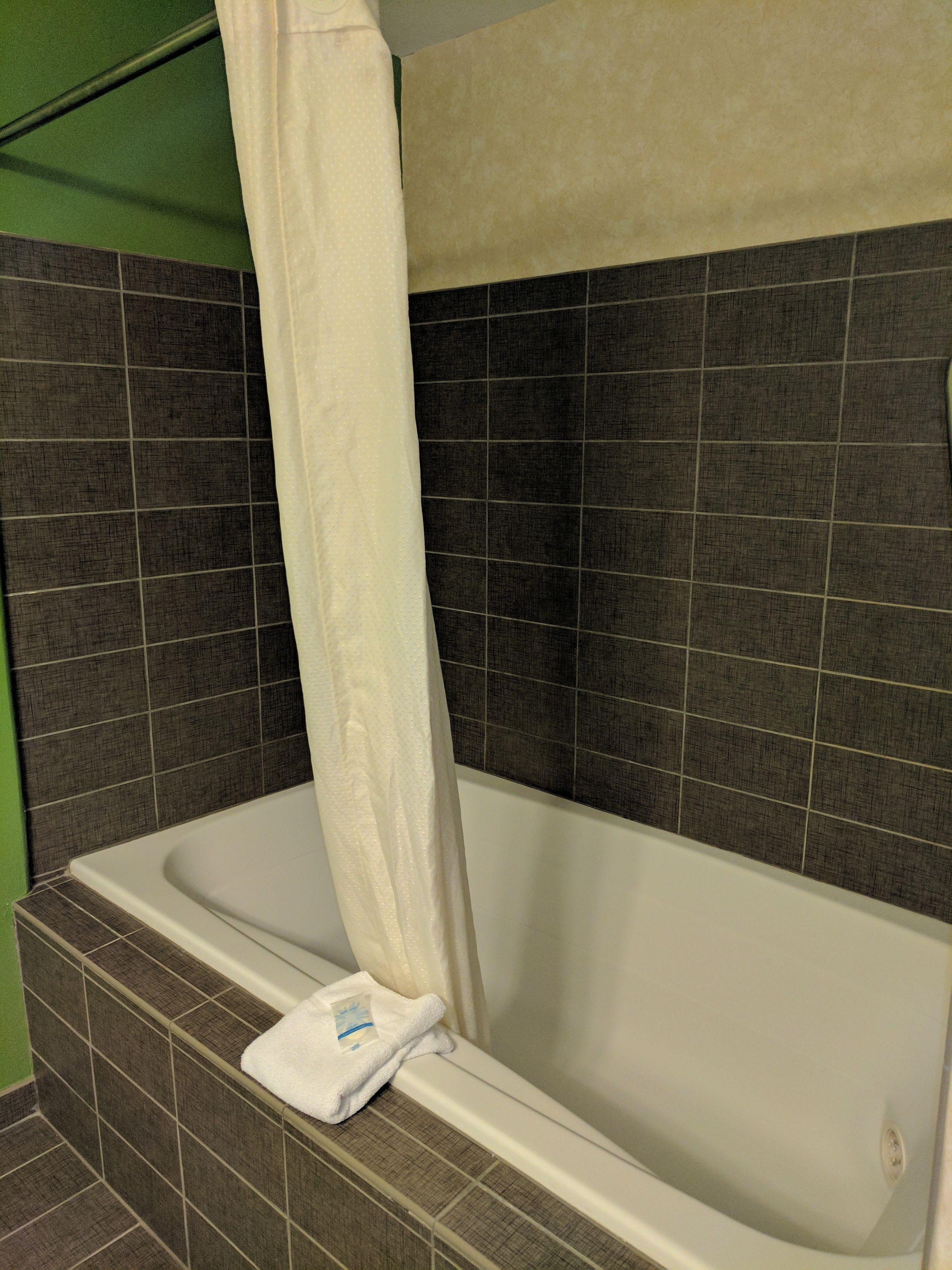 Une salle de bain avec une baignoire, des murs recouverts de carreaux foncés et un mur d’accent de couleur verte.