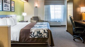 Une chambre d’hôtel avec un lit, un bureau, une chaise, une lampe et une fenêtre avec des rideaux.
