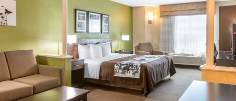 Habitación de hotel con cama, sofá, escritorio y televisor.