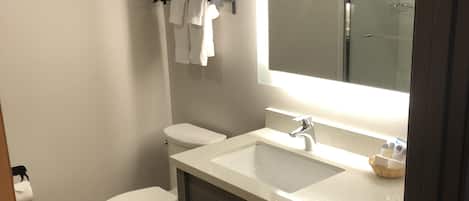 Un baño moderno con un lavamanos blanco, un espejo y un inodoro.