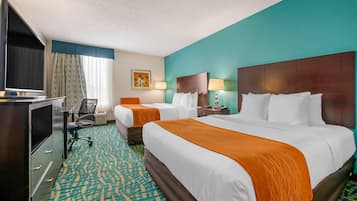 Standard Room, 2 Queen Beds, Non Smoking | In-room safe, desk, blackout drapes, iron/ironing board