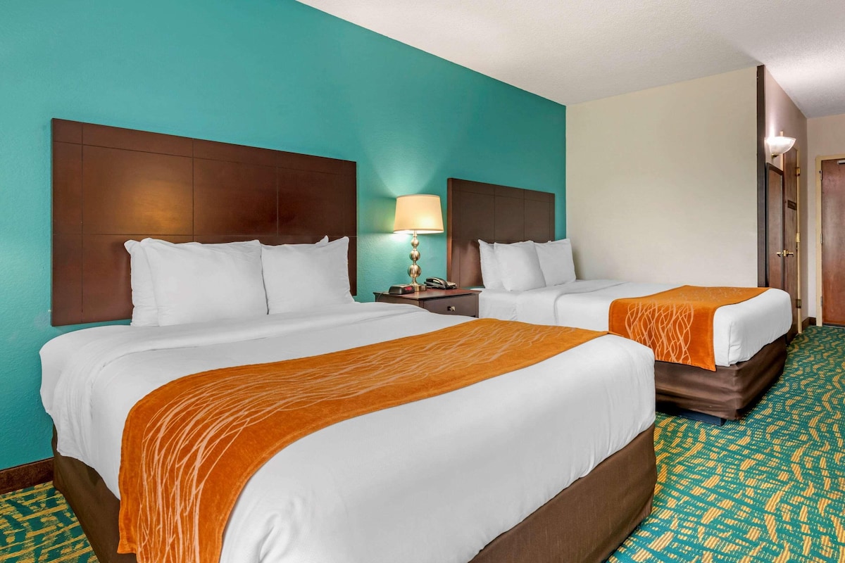 Une chambre d’hôtel avec deux lits, des murs de couleur turquoise et une moquette à motifs.