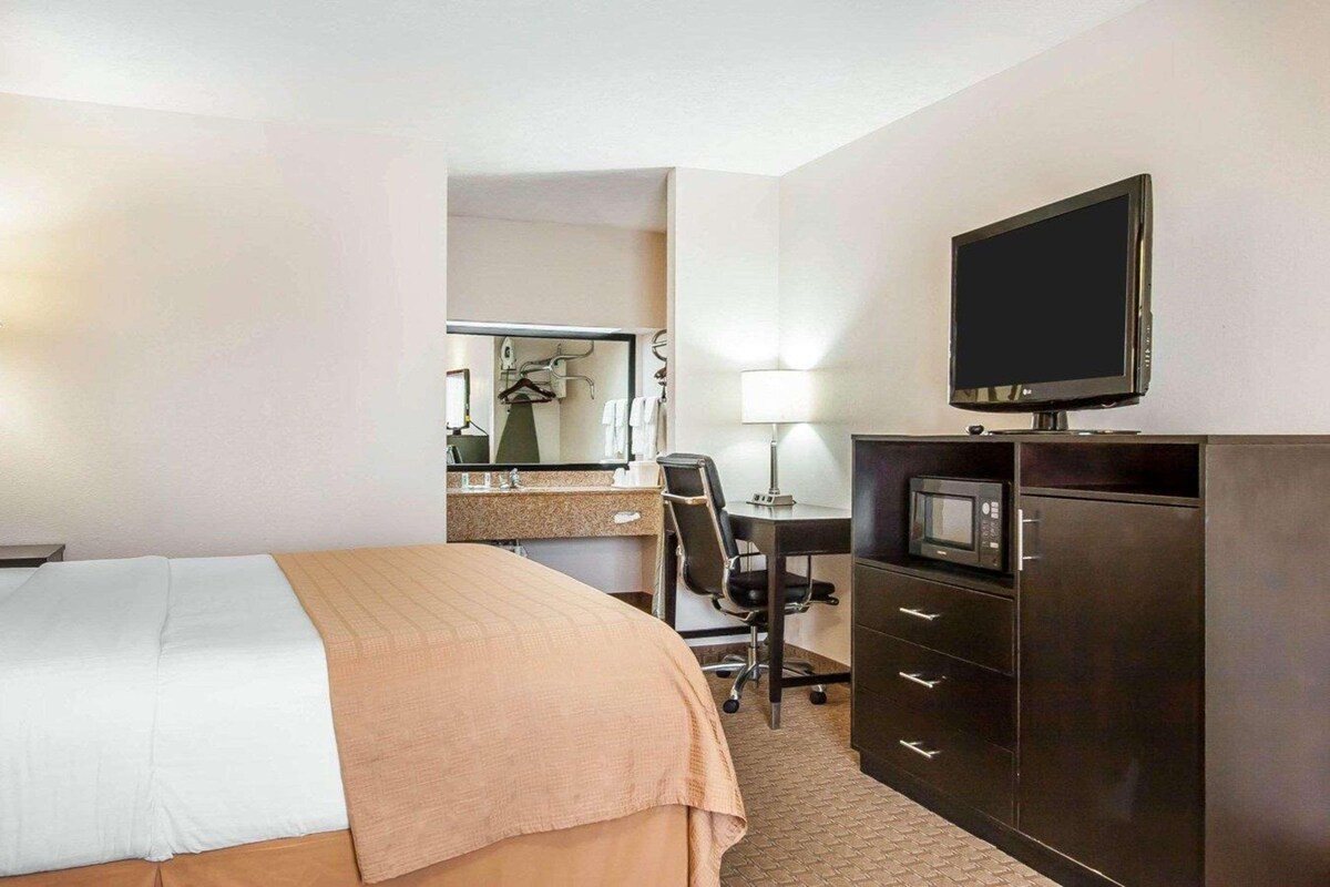 Une chambre d’hôtel comprenant un lit, un bureau avec une chaise, une télévision, un four à micro-ondes et une armoire.