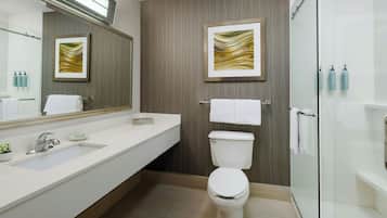 Un baño moderno con un espejo grande, un lavamanos blanco, un inodoro y una cabina de ducha de vidrio.